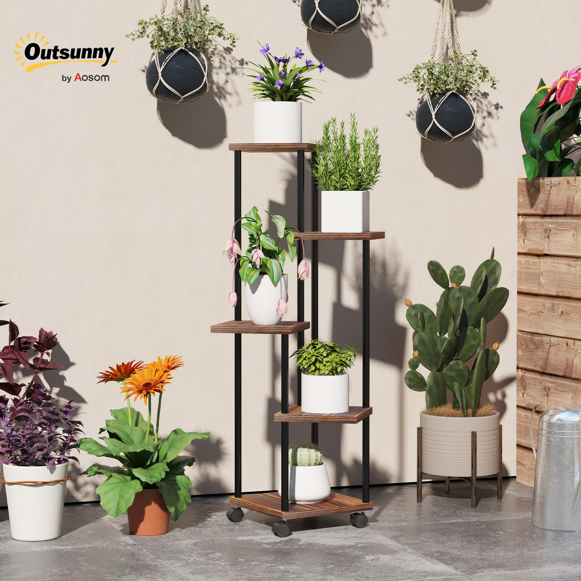 Outsunny Support plantes 5 niveaux roues acier 110 cm carbonisé