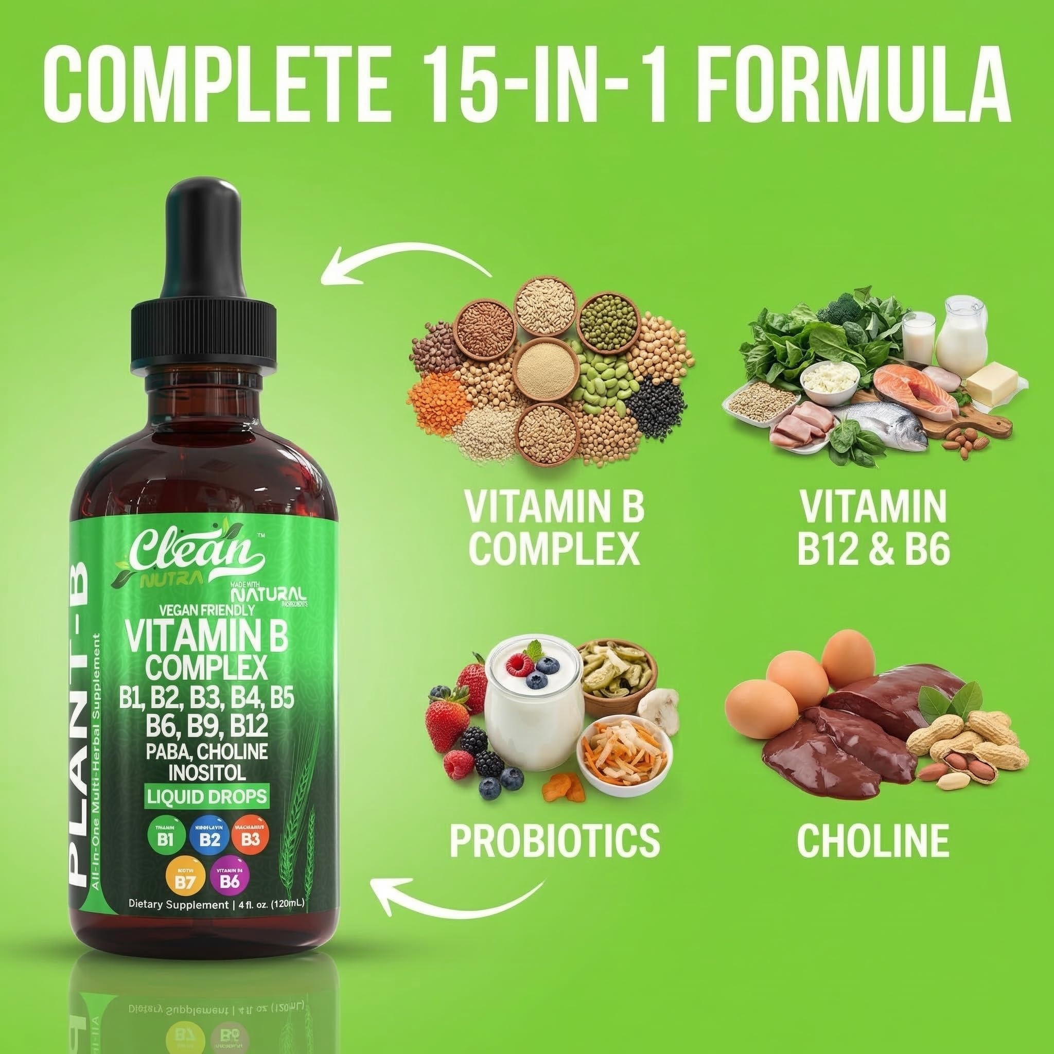 Vitamin B Complex Liquid Drops | Thiamine B1, B6, B2, B3, B4, B5, B7 B9, B12, Niacinamide, Paba, Choline Inositol Taurine Probiotics Beet Root Spirulina - Plant-B Vitamin Supplements by Clean Nutra — Amazon image 4