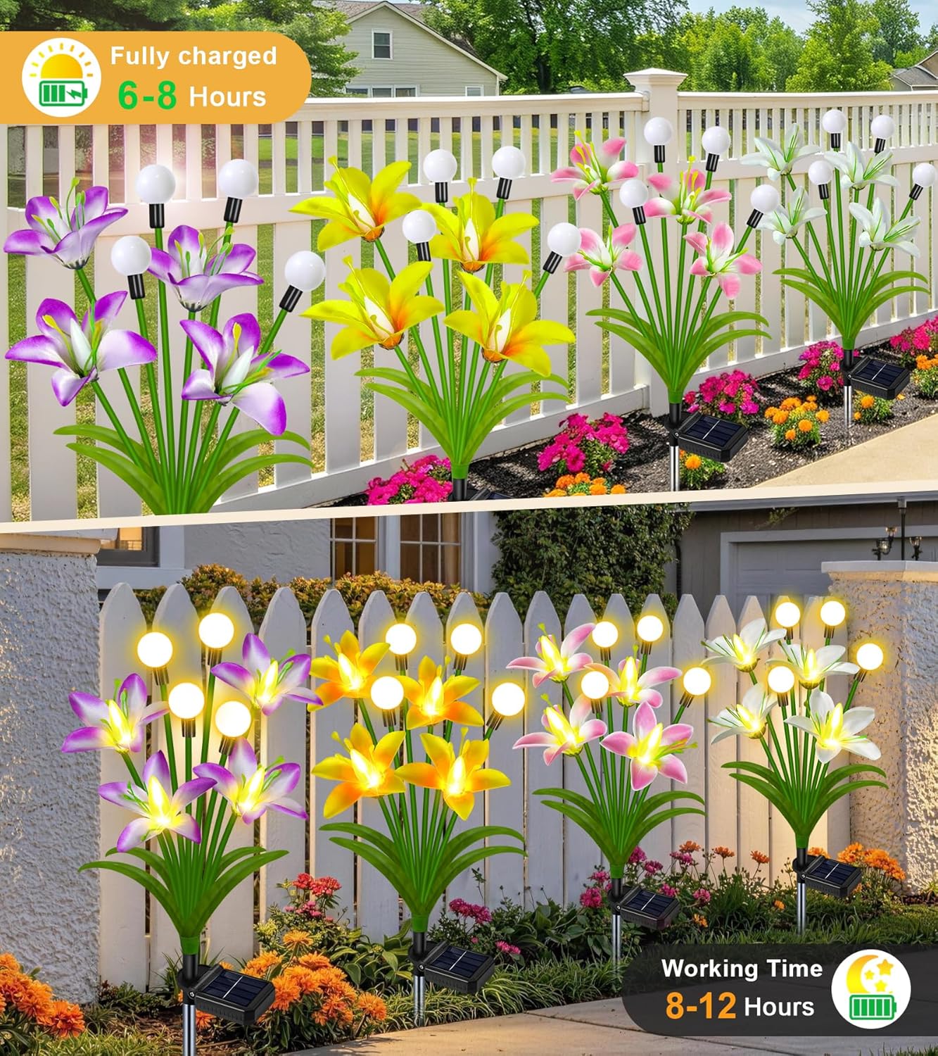 Solar Lights Outdoor Waterproof Garden Decor,4 Packs Lily Flowers Firefly Lights,Birthday Gifts for Women Mom,Solar Flowers Decorative Lights for Outside Yard Lawn Patio Porch Decorations