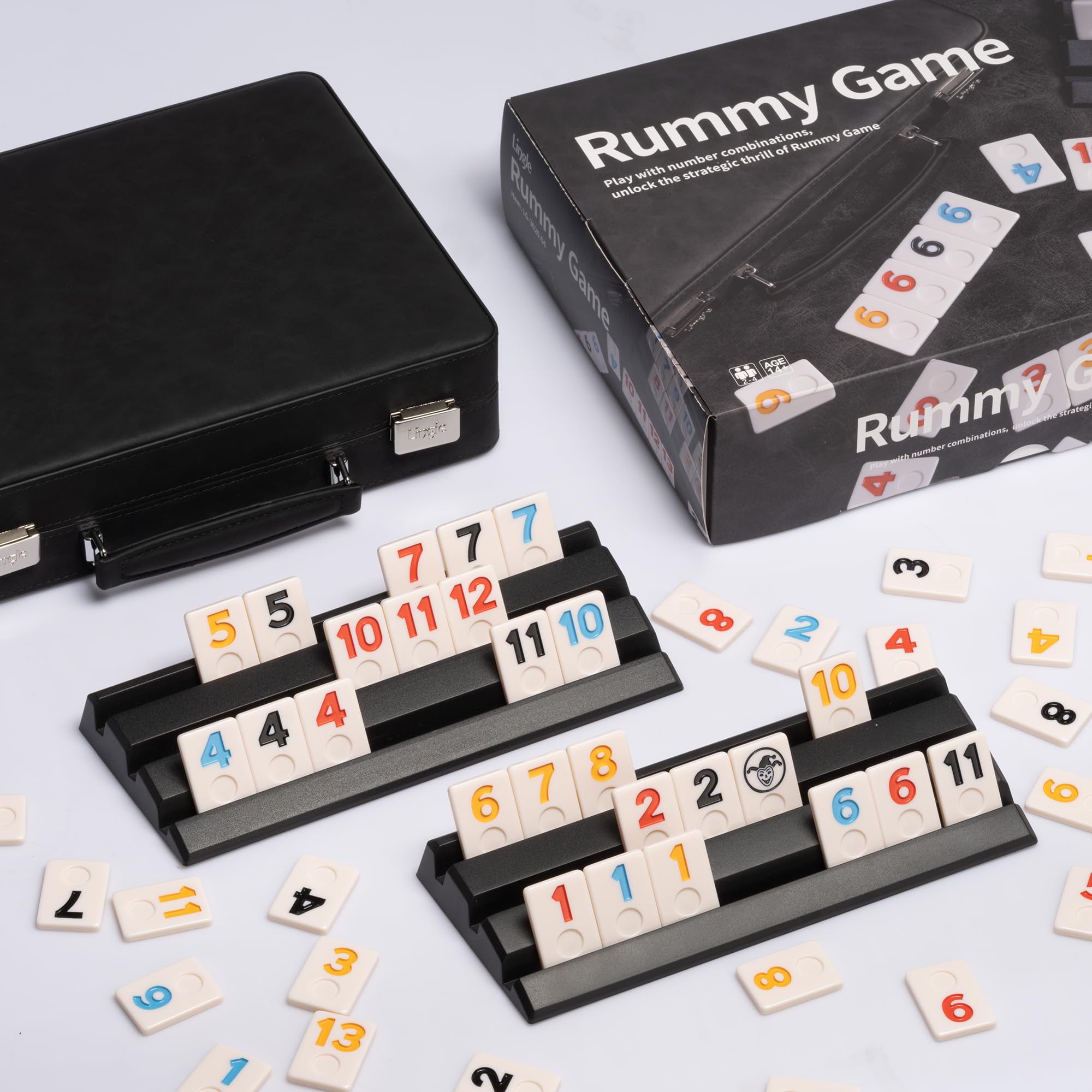 Rummy Game Set, 2-4 players with 106 tiles and 4 rack, Rummy Travel Game Set with Faux Leather Case, Fun Family Classic Board Games (Black)