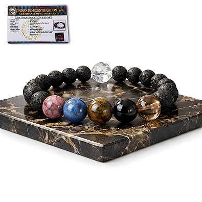 HARIDHATU Bandhan Shield Bracelet | Rhodonite, Blue Kyanite, Bronzite, Hypersthene & Smoky Quartz | Faceted Clear Quartz Amplifier | Lava Base | AAA Grade | Lab Certified | Protection, Boundaries & Emotional Balance | Unisex Stretch