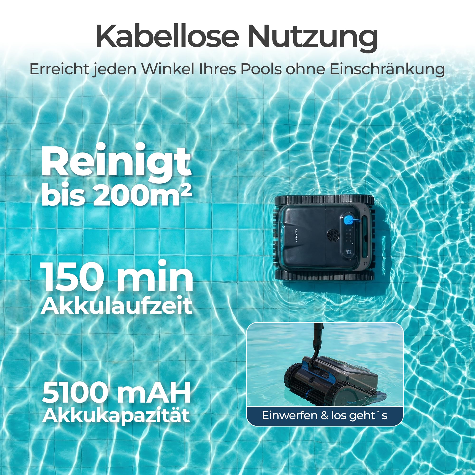 KLAMER Poolroboter Akku Kabellos, Wand & Boden, 150 Min, 200 m² | Bluetooth App-Steuerung, 4 Reinigungsmodi, Waschbarer Filterkorb, Display mit Akkuanzeige, bis 200 m², 150 Min Laufzeit
