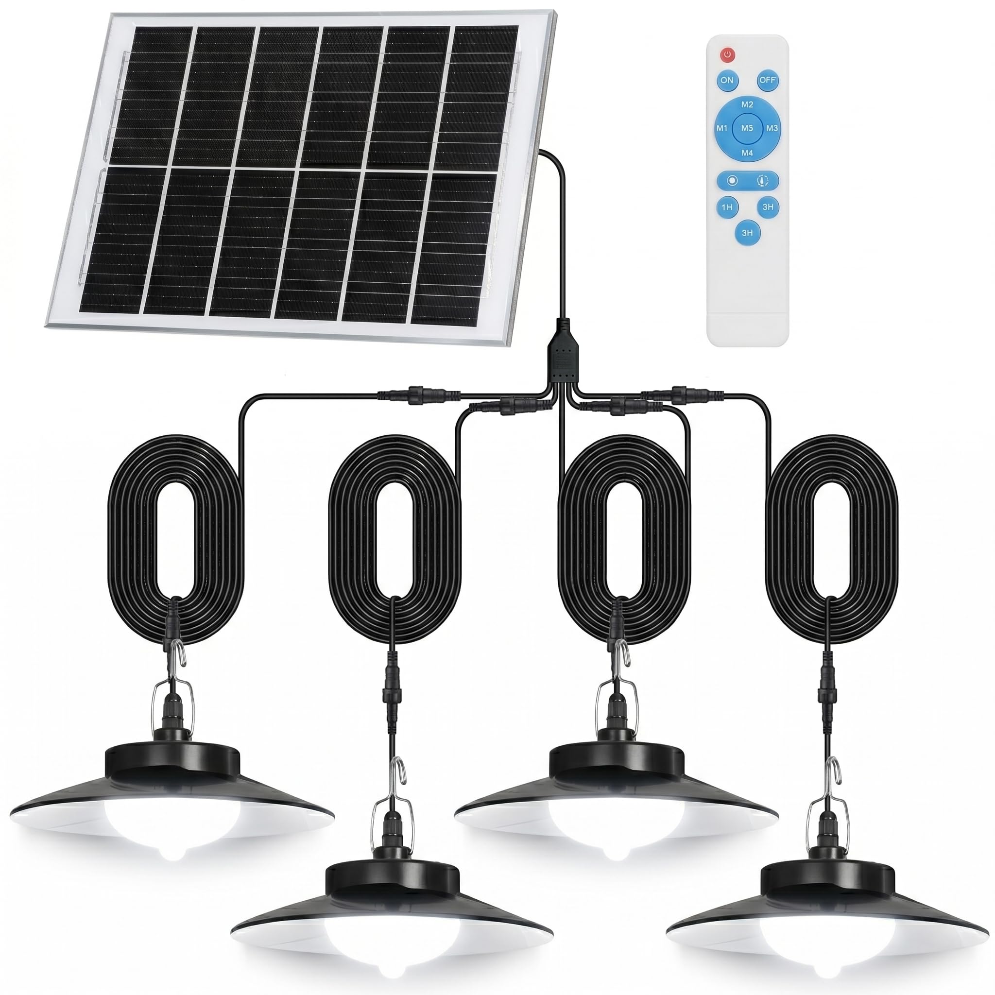 Solarlampen für Außen mit Bewegungsmelder Fernbedienung Solar Hängelampe Outdoor mit 5 Modi, 4000mAh Solarleuchte Innen für Hühnerstall Terrasse Garten, IP65 Wasserdicht Timer(4 Head, Weiß)