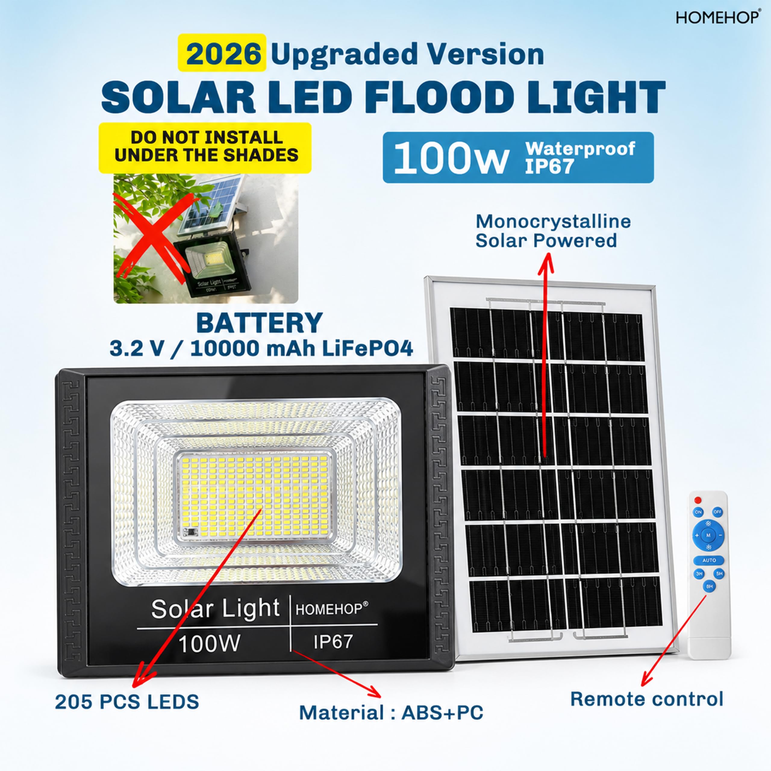 Homehop Solar Flood Light - 100W Outdoor Garden Light -2 Homehop Solar Flood Light - 100W Outdoor Garden Light -2