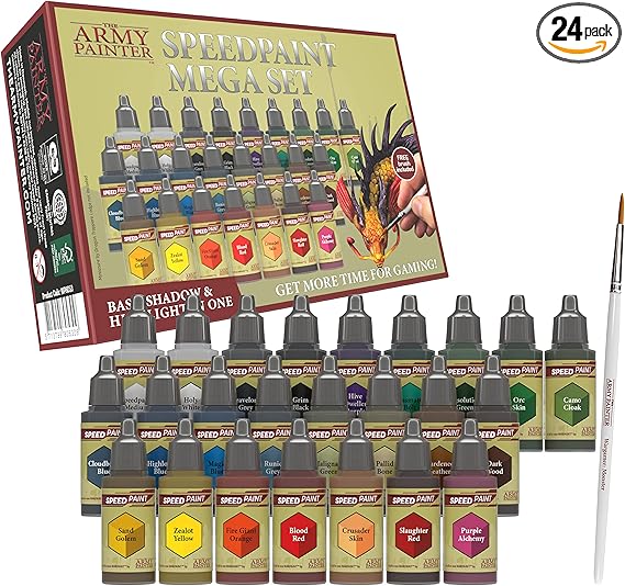 The Army Painter Speedpaint Mega Set 1.0, 24 x 18ml Acrylic Paints incl. mixing balls & 1 brush - Contrast Miniature Paint for D&D & Warhammer Miniatures