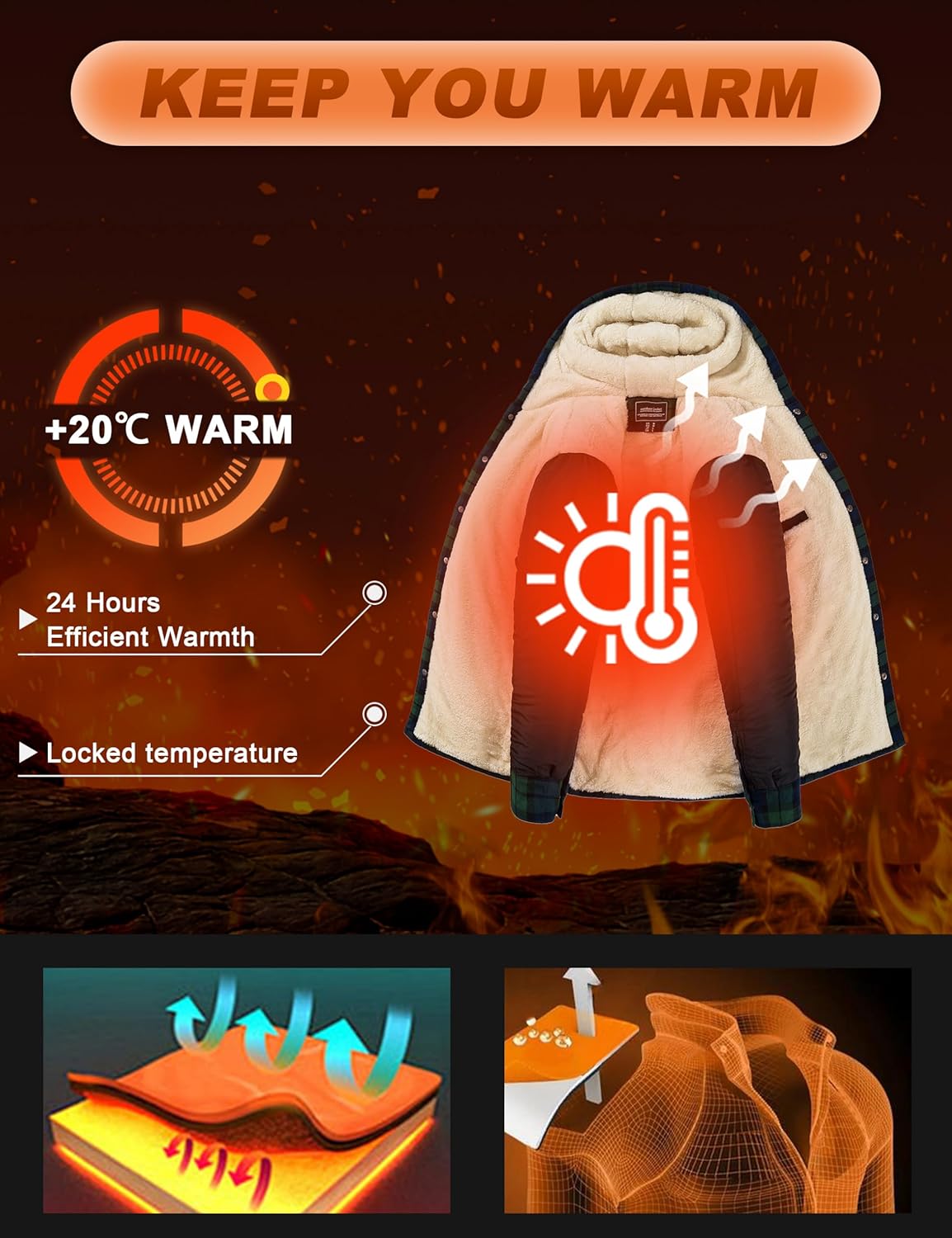 CRYSULLY Men's Flannel Jackets Sherpa Fleece Lined Hoodies Soft Warm Plaid Shirt Jacket Cotton Button Winter Coat with Hood - Image 4