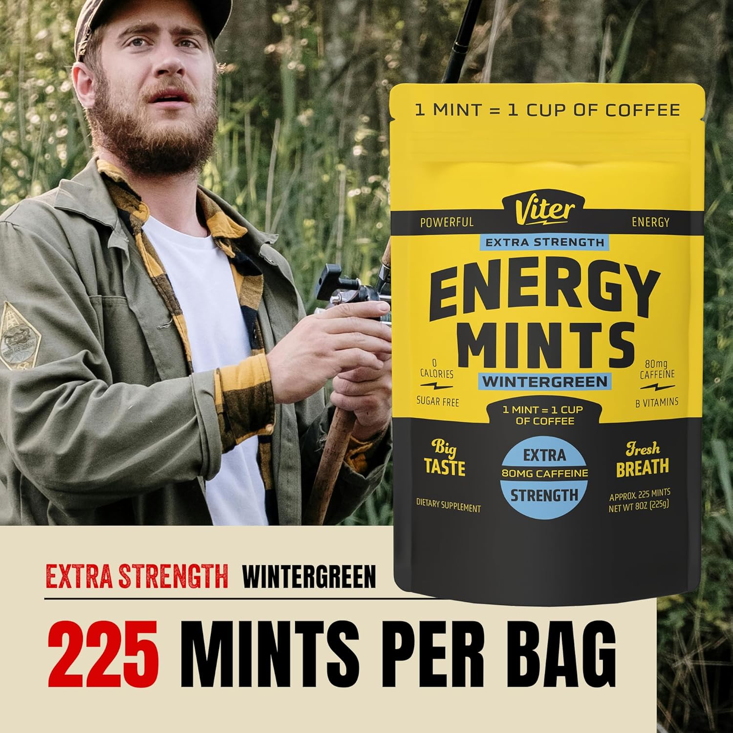 Viter Energy Extra Strength Caffeinated Mints 80mg Caffeine, B Vitamins, Sugar Free. (Wintergreen, 8oz, Bulk Bag)