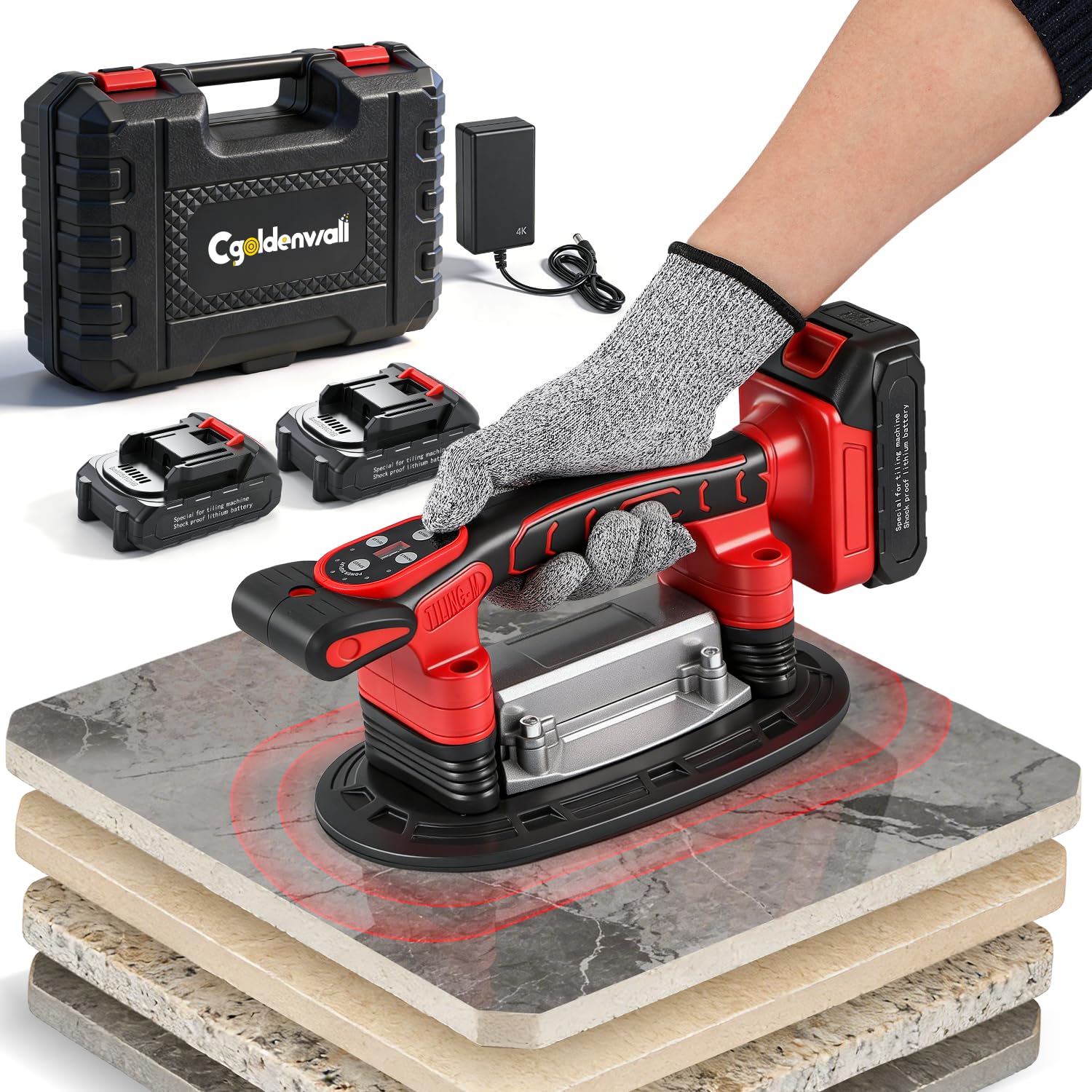 CGOLDENWALL 2 in 1 Vibratore per Piastrelle e Ventose, 400kg/882lbs Capacità di Adsorbimento, 9 Velocità Regolabili, Max. 28000 giri/min, per Piastrelle/Vetro/Legno/Pareti in Cemento (EU)