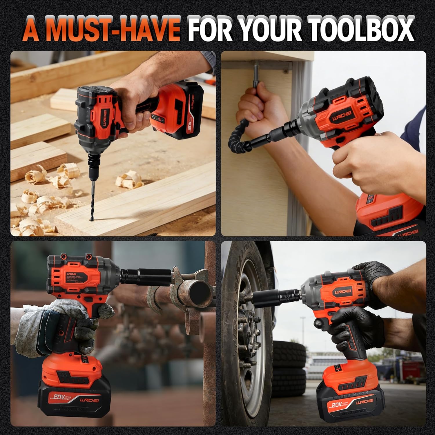 LLNDEI Cordless Impact Wrench 1/2 Inch, Power Impact Gun Kit, Max 550N.M/405Ft-lbs Hich Torque Electric Impact Driver,6 Drill Bits，4 Screwdriver Bits，3.0Ah Battery, 1 Charger, 5 Sockets with Tool Case
