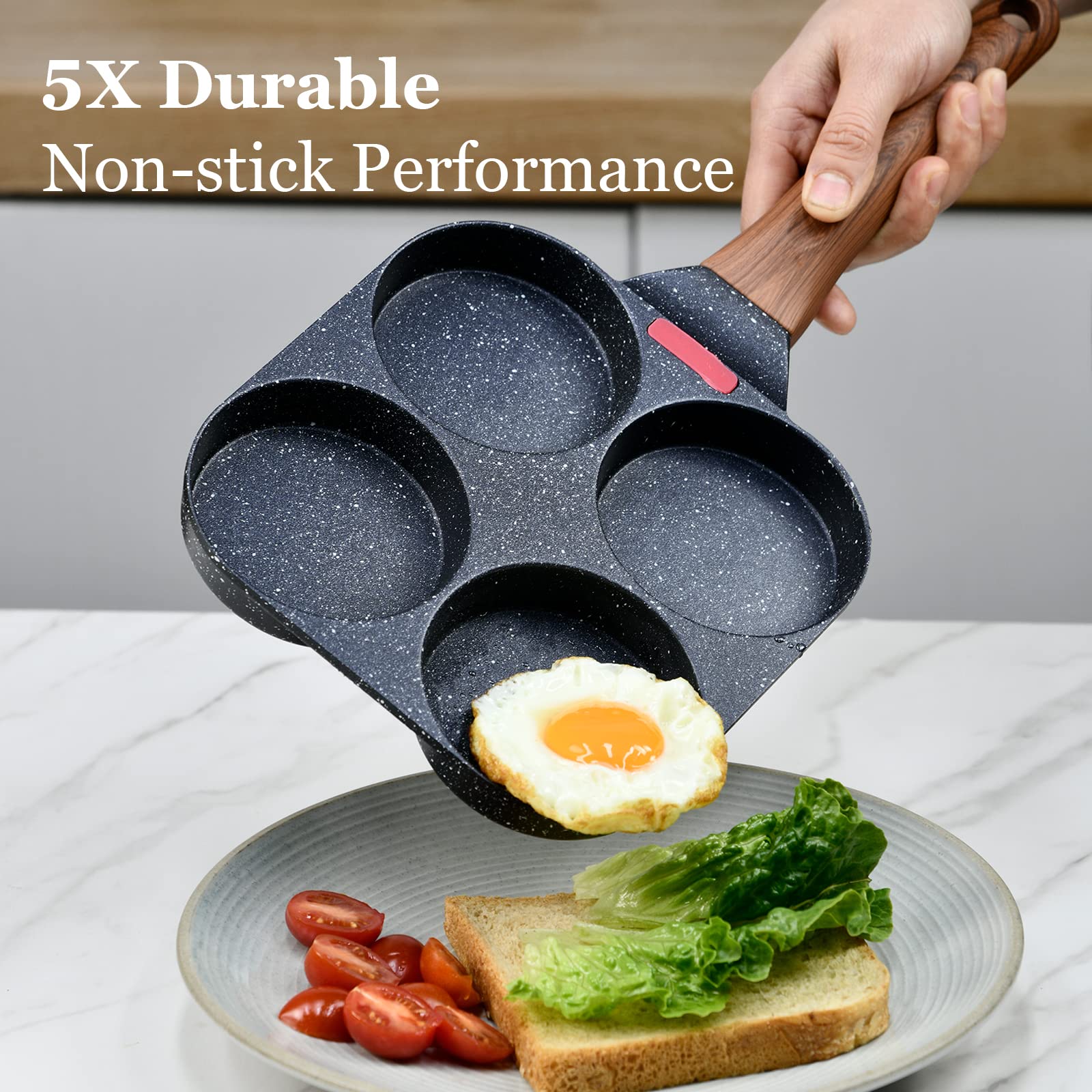 Sartén antiadherente de 4 tazas para desayuno y brunch, sartén para panqueques con girador y cepillo, sartén antiadherente, revestimiento de granito, sartén pequeña para huevos adecuada para estufa de 2