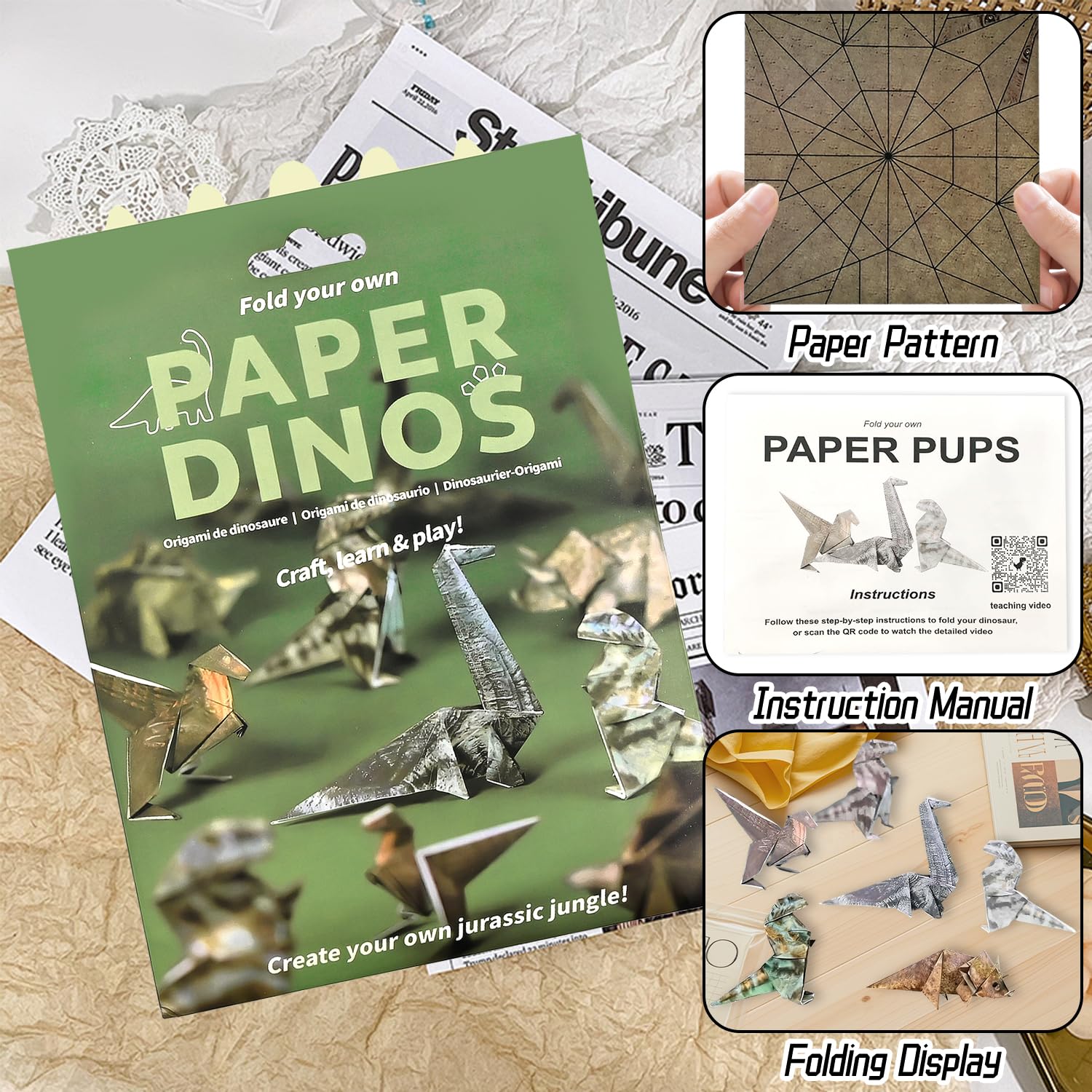 Kit de Origami de Dinosaurios, 35 Hojas de Papel para Plegar Figuras de Animales Prehistóricos, Manualidades Creativas para Niños de 6 a 12 Años
