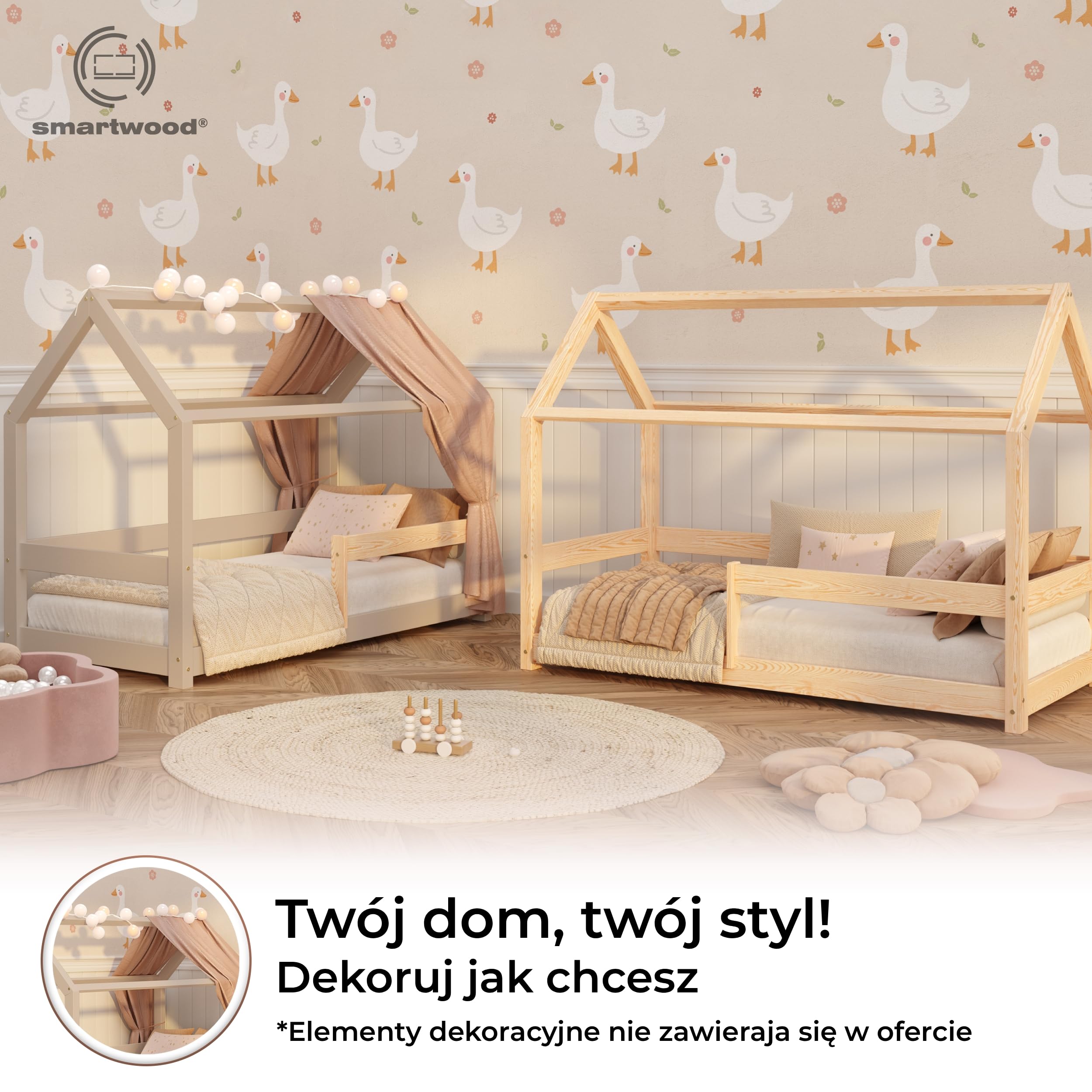 smartwood Łóżko domek 90x190 ze stelażem, Lite Drewno, Kaszmirowy, MILO | Łóżko dziecięce Montessori, wysokość wejście 12 cm, stelaż do 230 kg, drewno sosnowe, łatwy montaż, od 3 lat