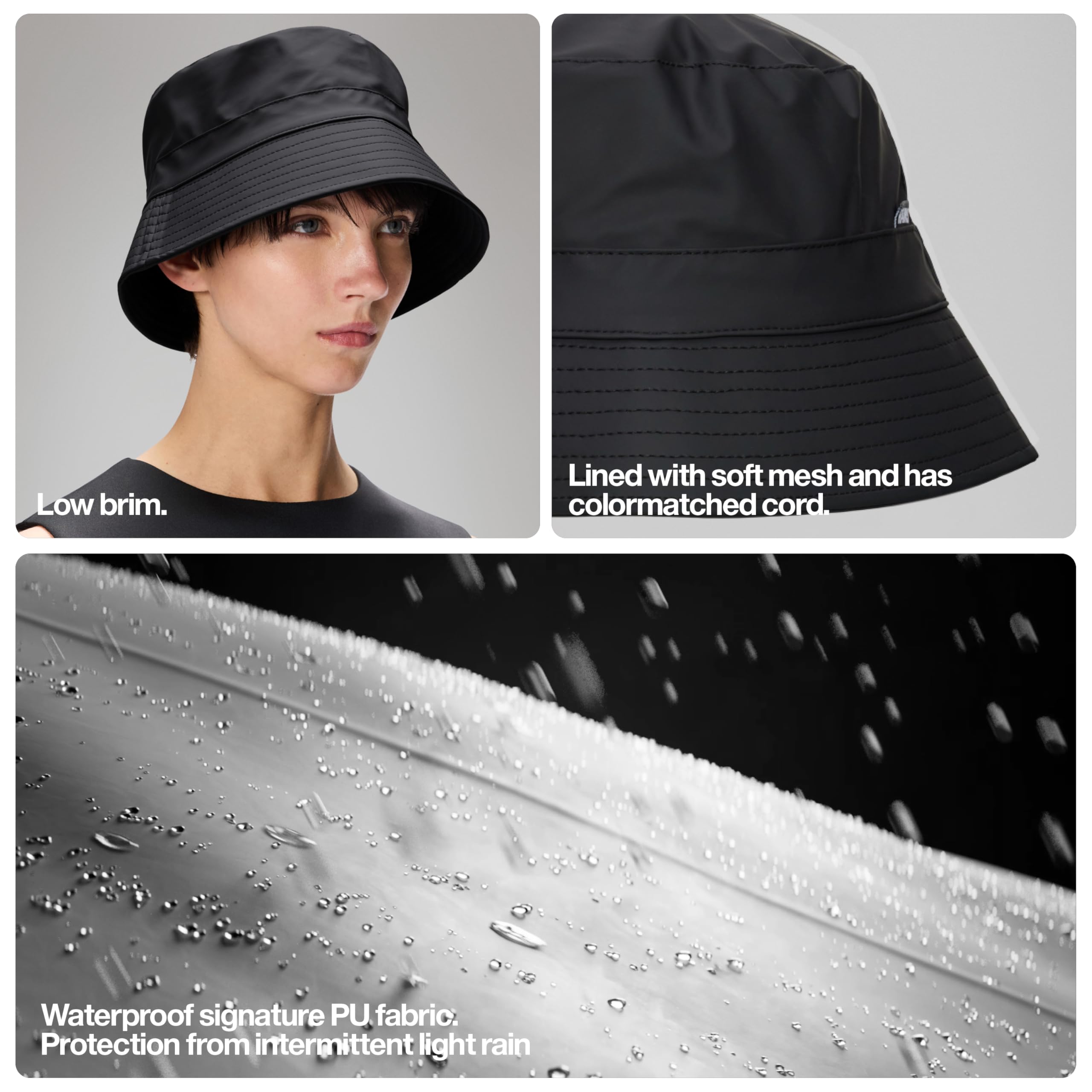 RAINS Bucket Hat - Waterproof, Lightweight PU Fabric, Soft Lining, Modern Design with Vertical Rim & Stitch Details for Comfort Black
