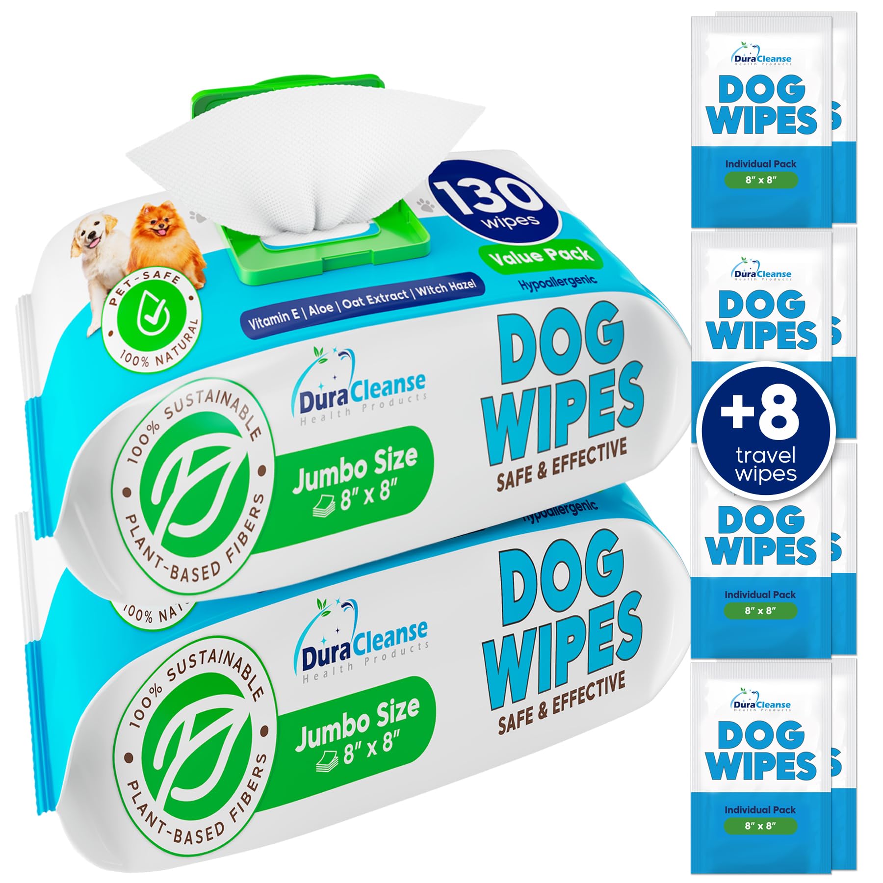 Dog Wipes for Paws Butt and Ears - 2 Pack | 260 Count + 8 Travel Pet Wipes - 8" x 8" Large Dog Grooming Bath Wipes - Hypoallergenic, Extra Thick Cleaning Deodorizing Puppy Wipes for Dogs, Cats, Pets