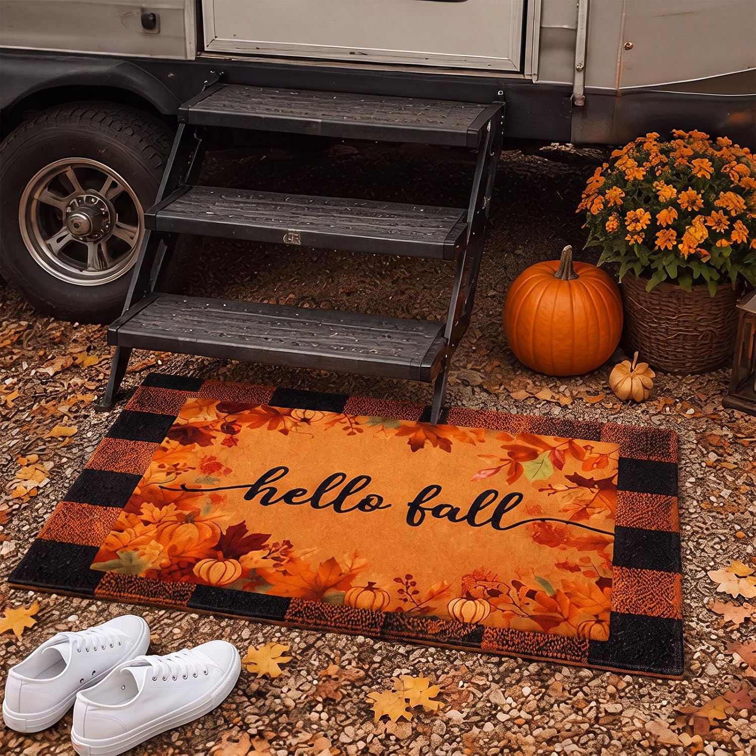 2 Pack Hello Fall Welcome Doormat, Orange Black Checkered Mat Non Slip