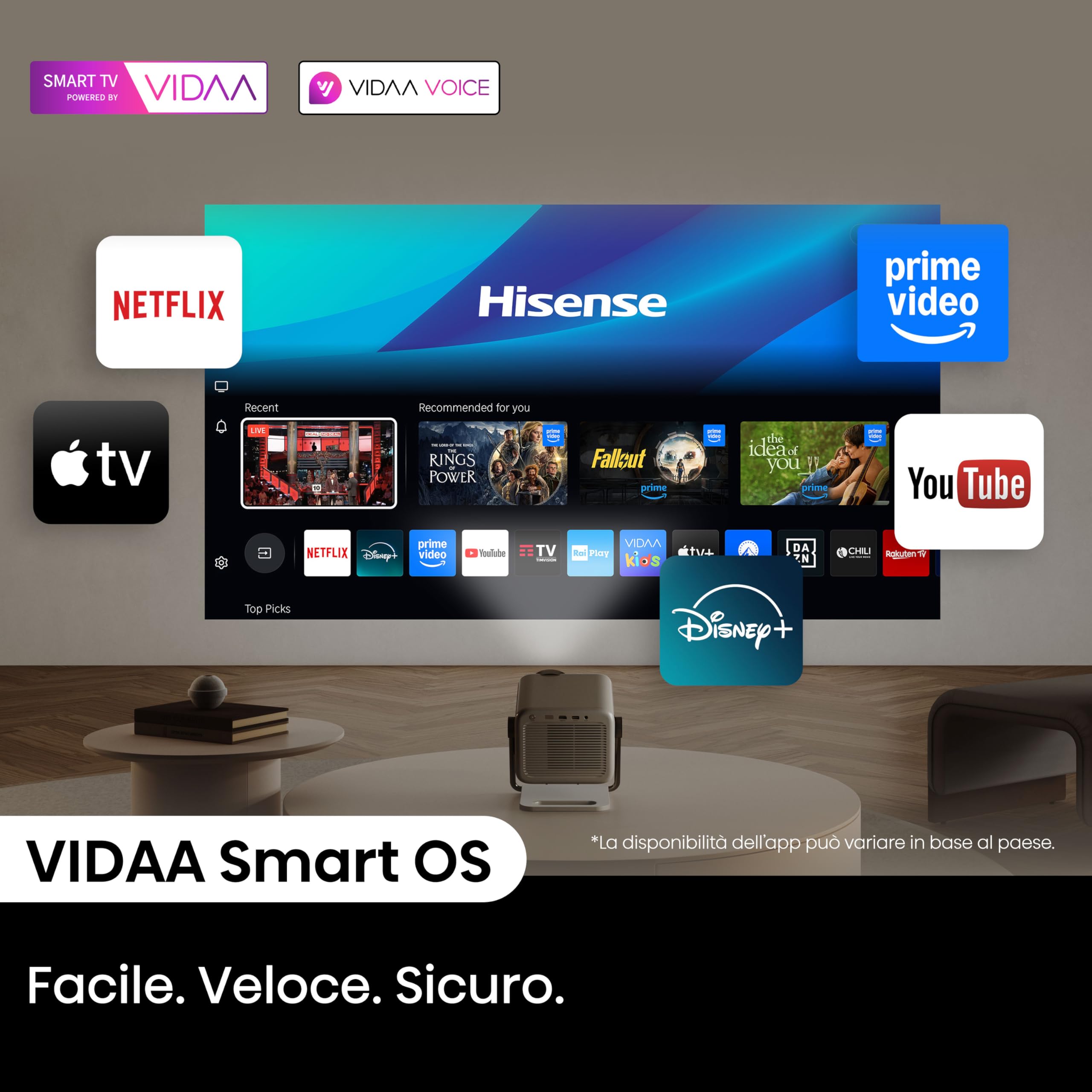 Hisense Proiettore Laser 4K M2SE PRO | Proietta da 65 a 200 pollici, Sorgente Triplo Laser, Zoom Ottico, 1100 ANSI lumen, Dolby Vision, HDR10+, VIDAA OS, Audio 20W