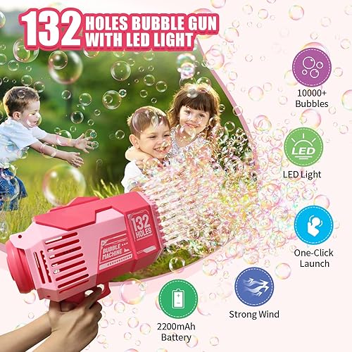 Miniatura 3 de Pistola de burbujas, ametralladora de burbujas mejorada de 132 agujeros con soluciones de burbujas de luces, fabricante de burbujas para niños,