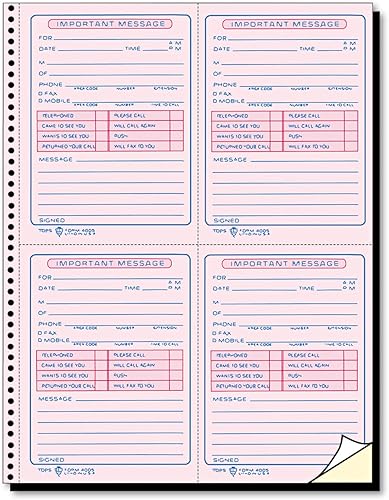 TOPS Libro de mensajes para teléfono, encuadernado en espiral, 2 partes, sin carbono, blanco y canario, 4 mensajes por página, 400 juegos (4009)