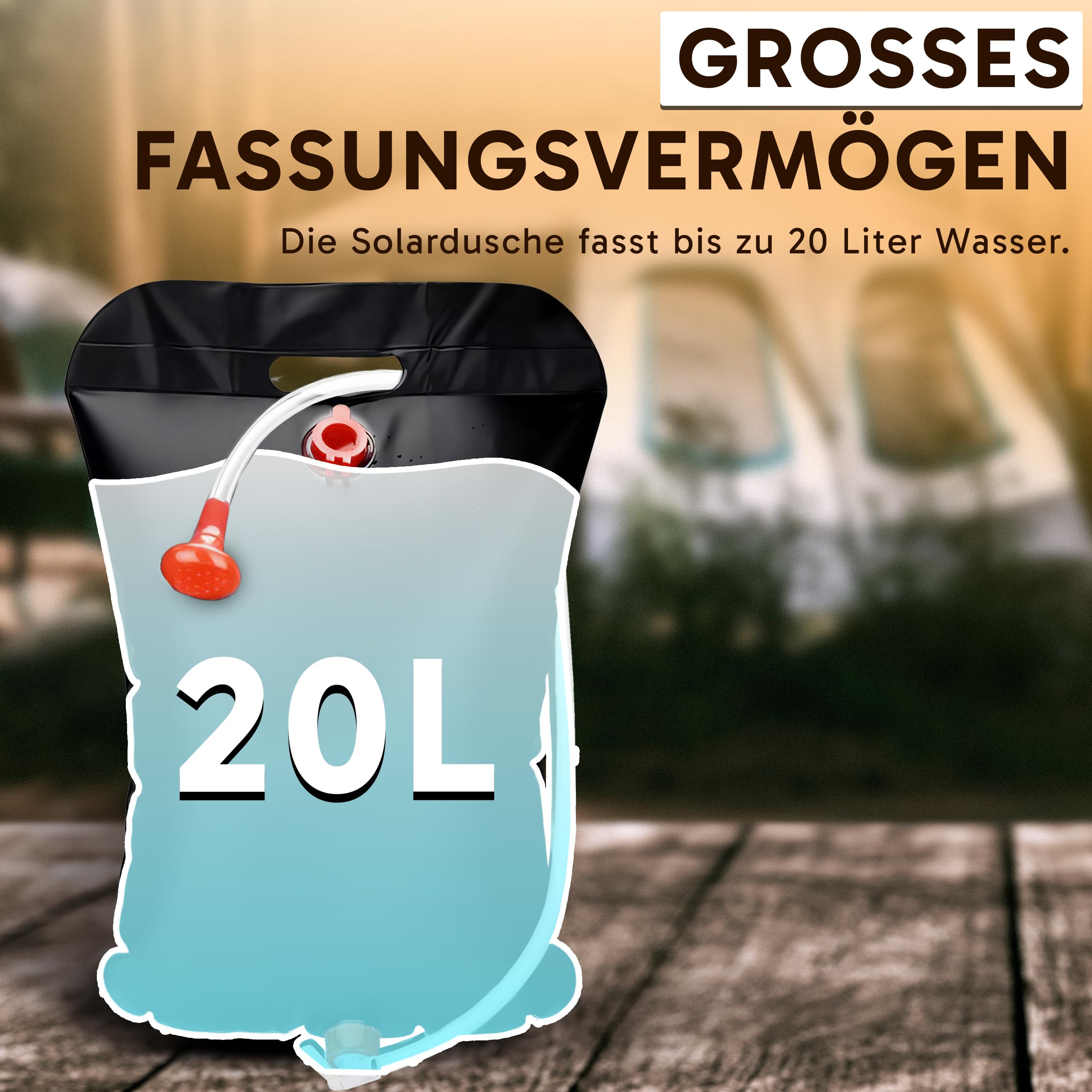 Retoo Prysznic kempingowy, 20 l/5 galonów, zasilany energią słoneczną, torba prysznicowa solarny, ogrzewanie słoneczne, prysznic solarny, zewnętrzny prysznic ogrodowy, przenośny solarny worek na wodę