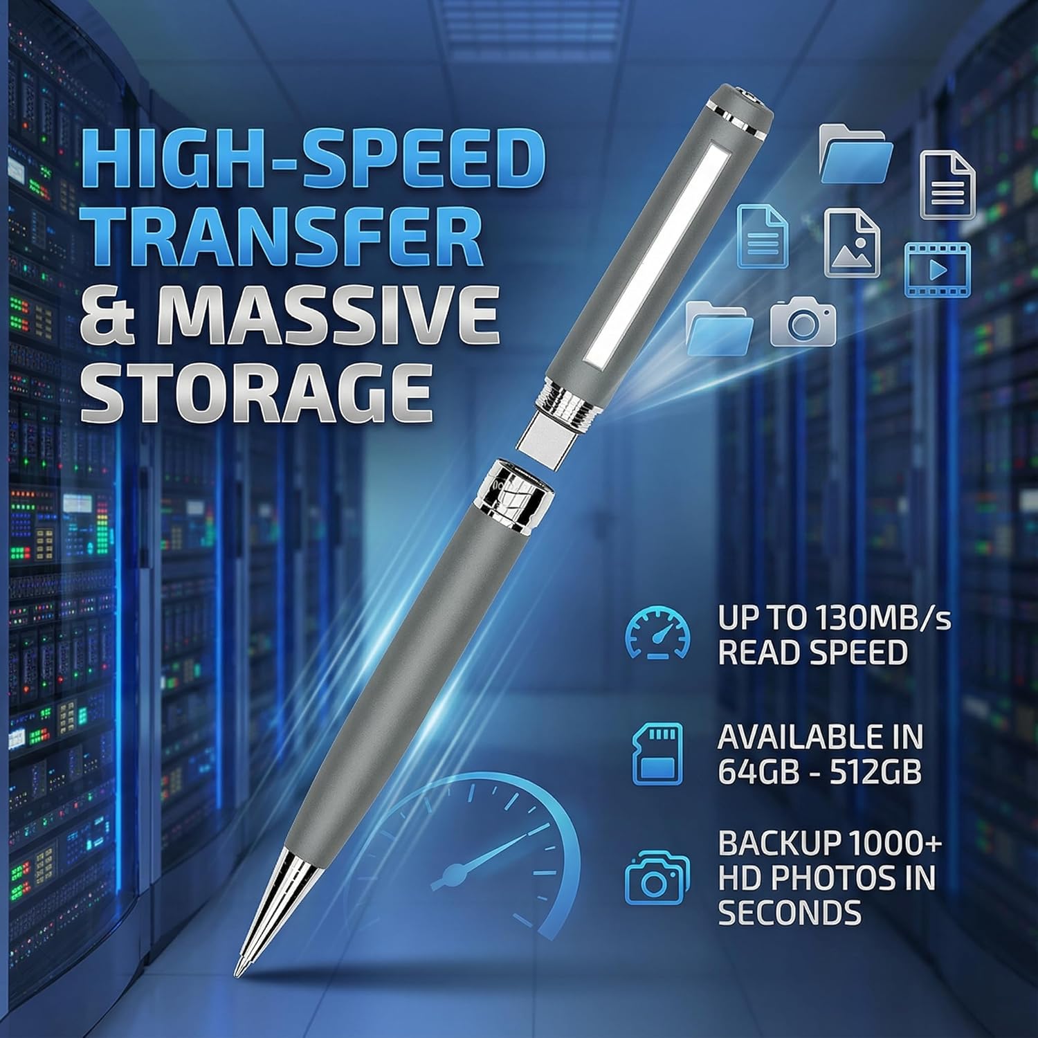 Convoice USB-C Storage Ink Pen (64-512GB), 2-in-1 Gel Pen & High-Speed USB Drive, Compatible with iPhone/Laptop/iPad, for Office/School/Gift (w/Refills) (Silver, 128, GB)