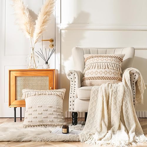 Miniatura 7 de Funda de almohada bohemia hecha a mano de 18 x 18 pulgadas, fundas de almohada decorativas de hilo de algodón bohemio color caqui crema con textura