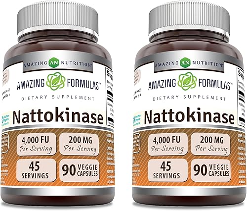 Amazing Formulas Nattokinase Suplemento dietético de 100 mg 90 cápsulas vegetales Suplemento Actividad enzimática de 2000 FU de Pure Nattokinase Amazing Formulas Nattokinase Suplemento dietético de 100 mg 90 cápsulas vegetales Suplemento Actividad enzimática de 2000 FU de Pure Nattokinase