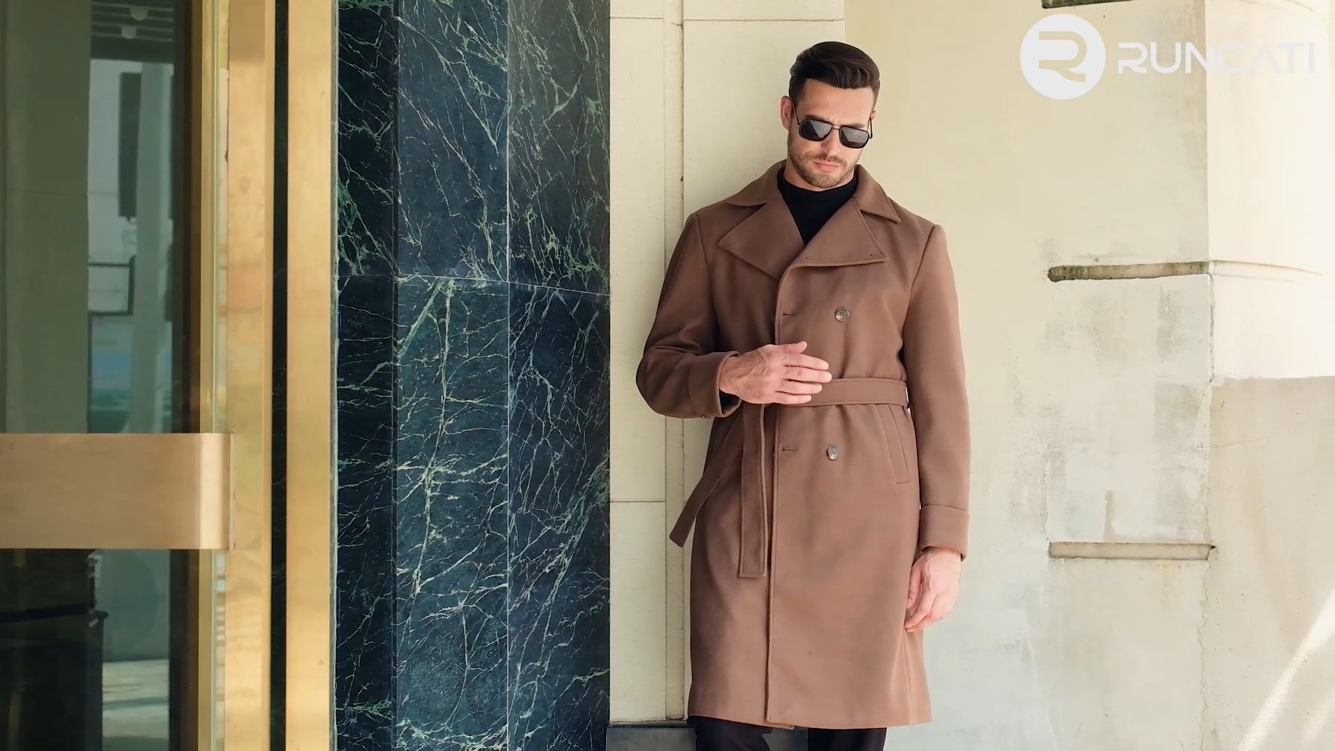 Runcati Mens Trench Coat Notch Lapel Double Breasted Belted Pea