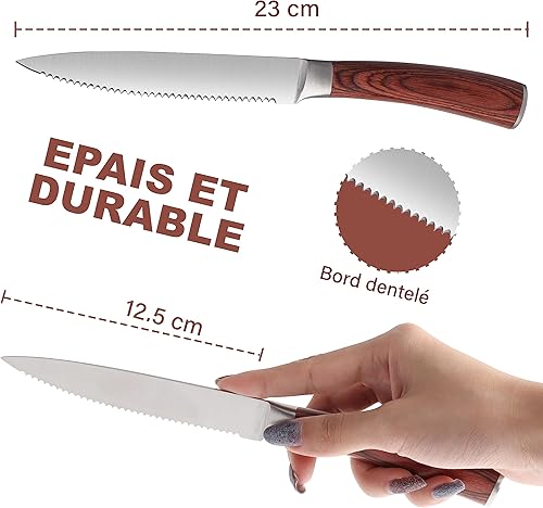 Miniatura 2 de LUVCOSY Pakkawood - Juego de 6 cuchillos de carne dentados de acero inoxidable con mango de madera de Pakka, juego de cuchillos de cena de borde