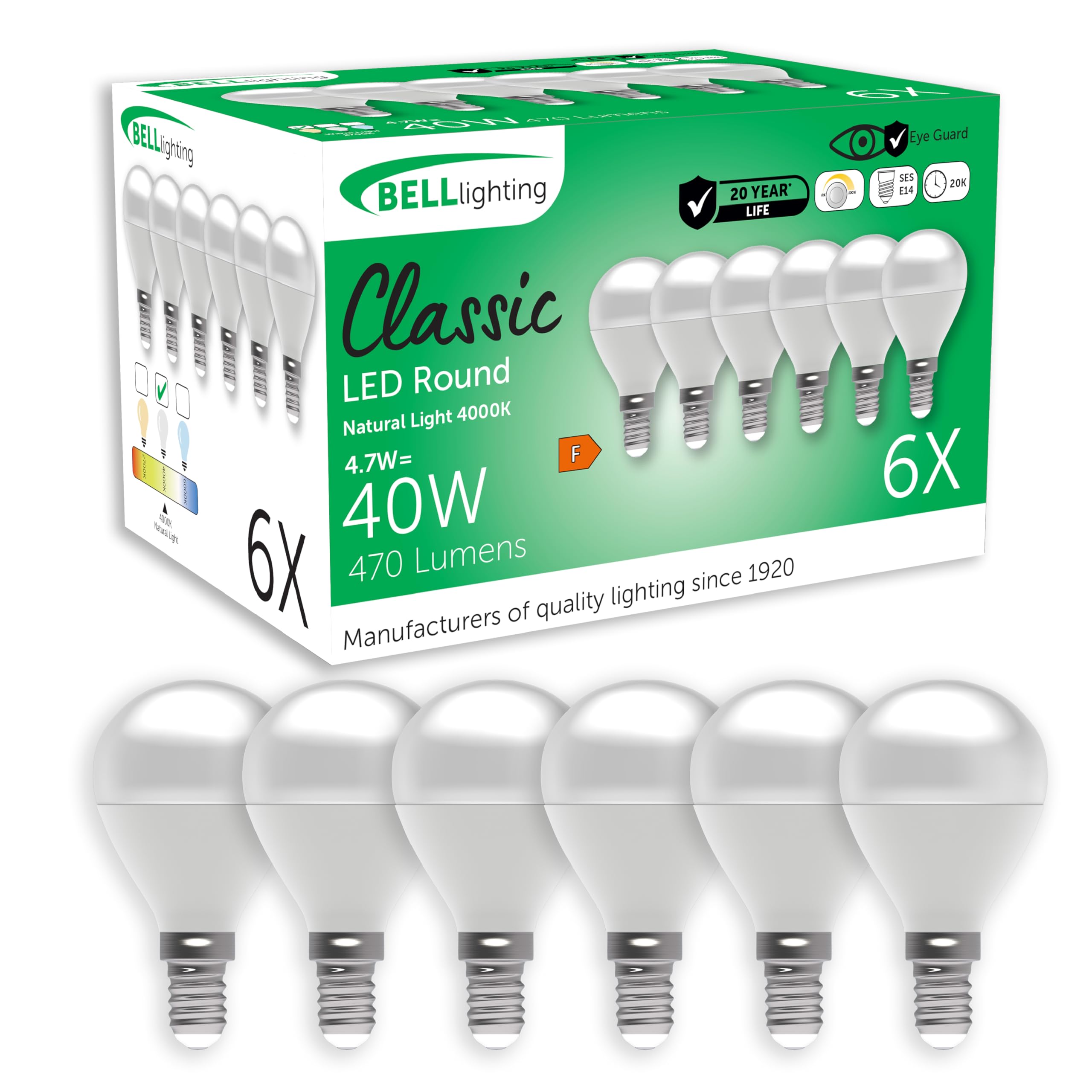 BELL Lighting E14 Small Edison Screw Cap Dimmable Light Bulb LED Golf Ball 6 Pack | Natural White 4000K | 470 Lumen 4.7W | Energy Saving Round LED Light Bulb | 40W Lamp Equivalent