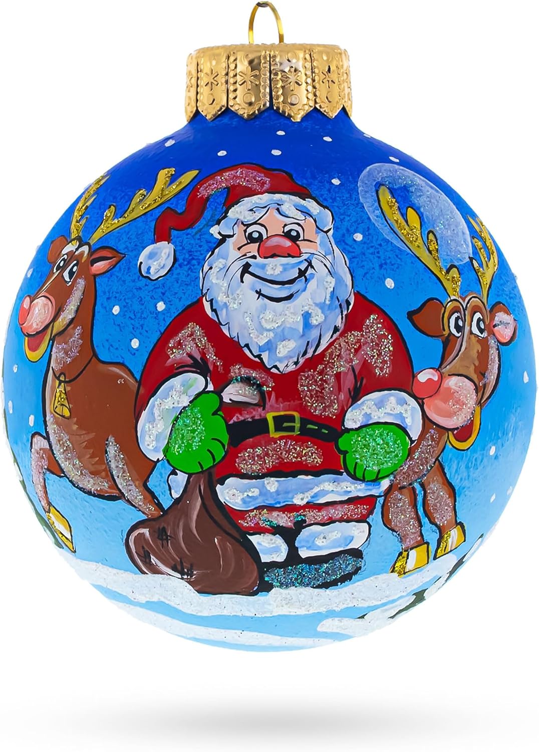 Santa and Reindeer Festive Glass Ball Christmas Ornament 4 Inches