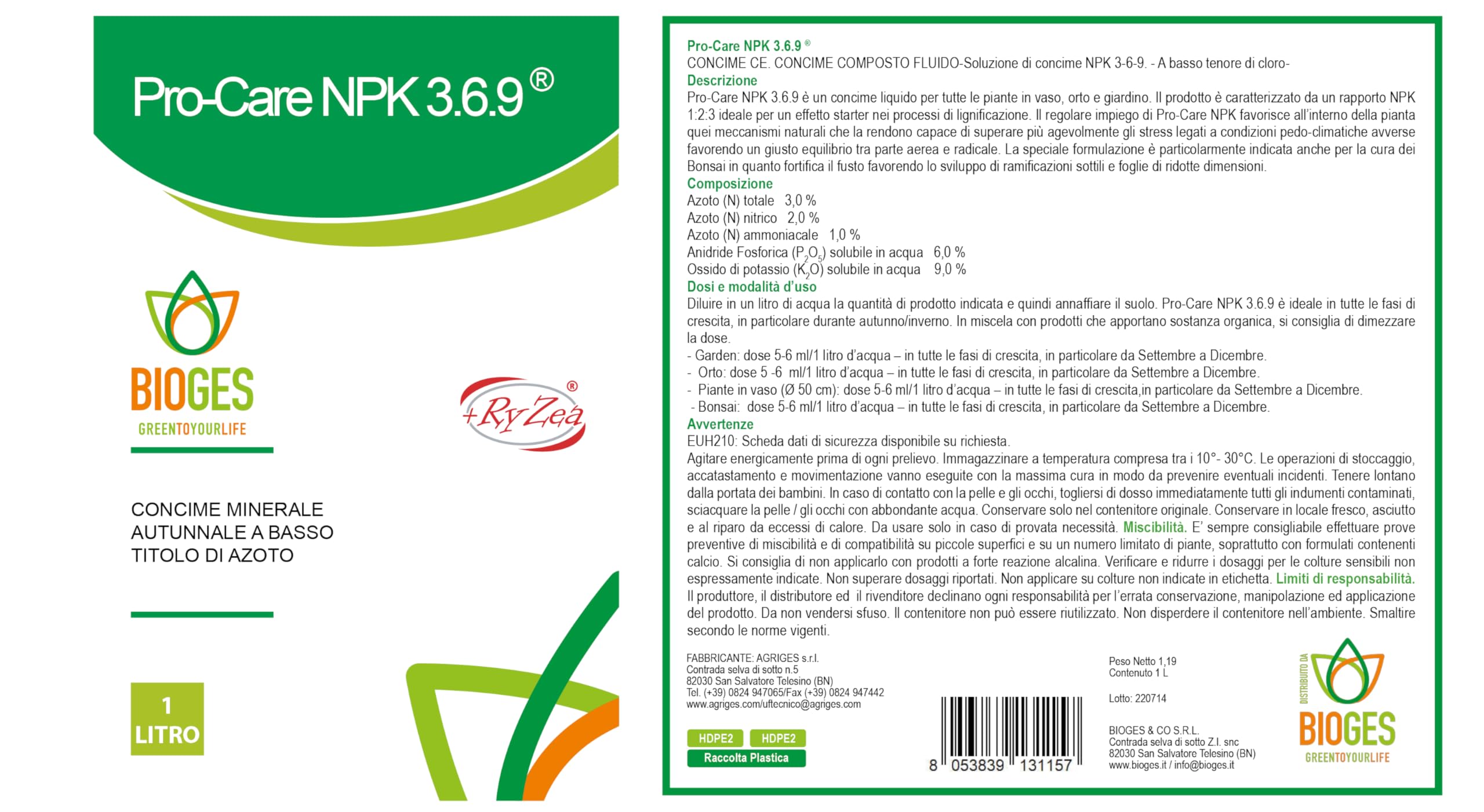 PRO-Care NPK 3.6.9 da 1 LT- Bonsai- Concime Liquido NPK Ideale per Il Periodo Autunnale a Basso Titolo di Azoto