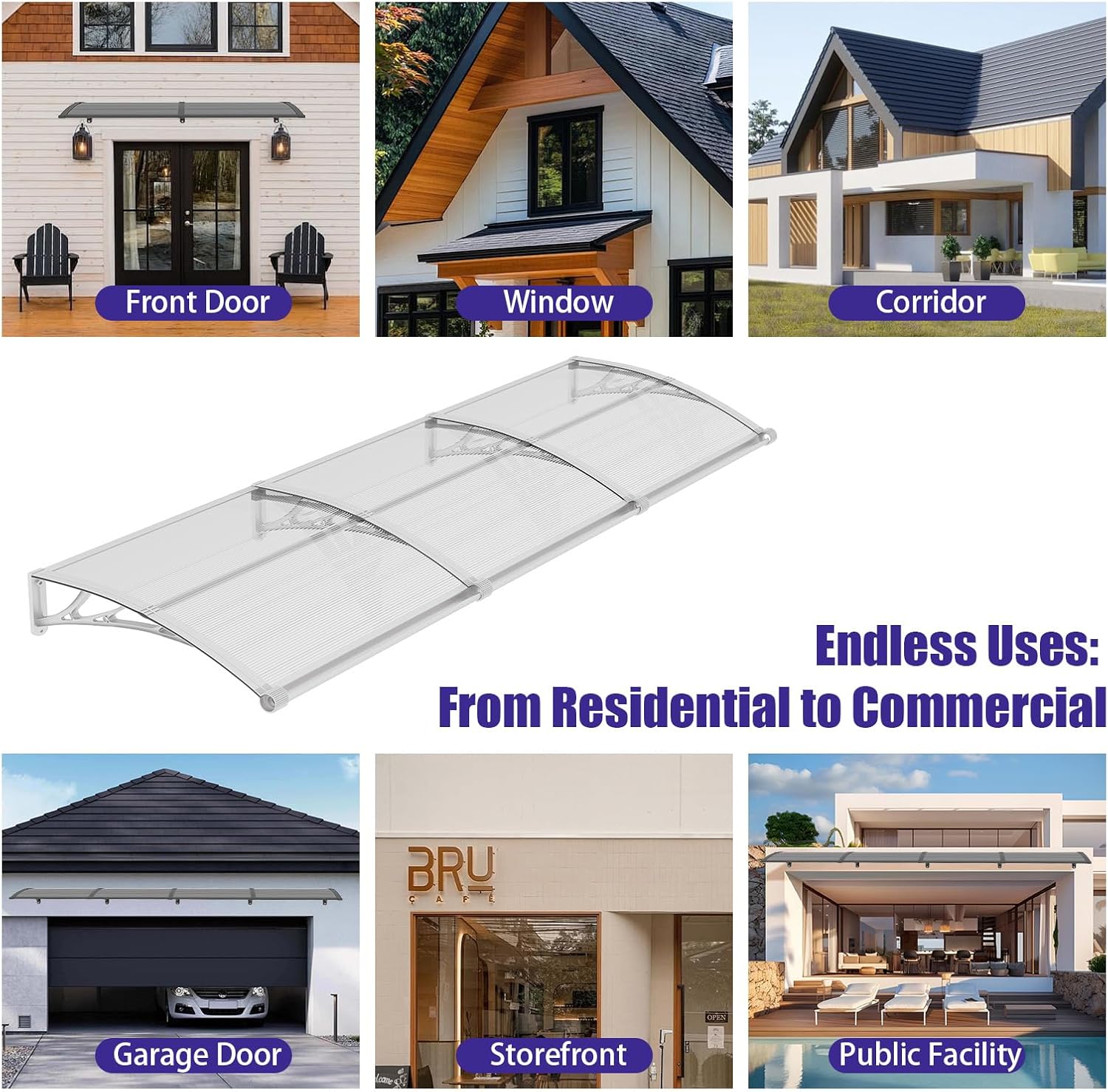 Awning for Door Entrance 32 x 40 Inch, Exterior Door Awning Canopy with Drainage & ABS Bracket, Polycarbonate Cover for Door Window Exterior, UV Rain Snow Protection for Patio Porch