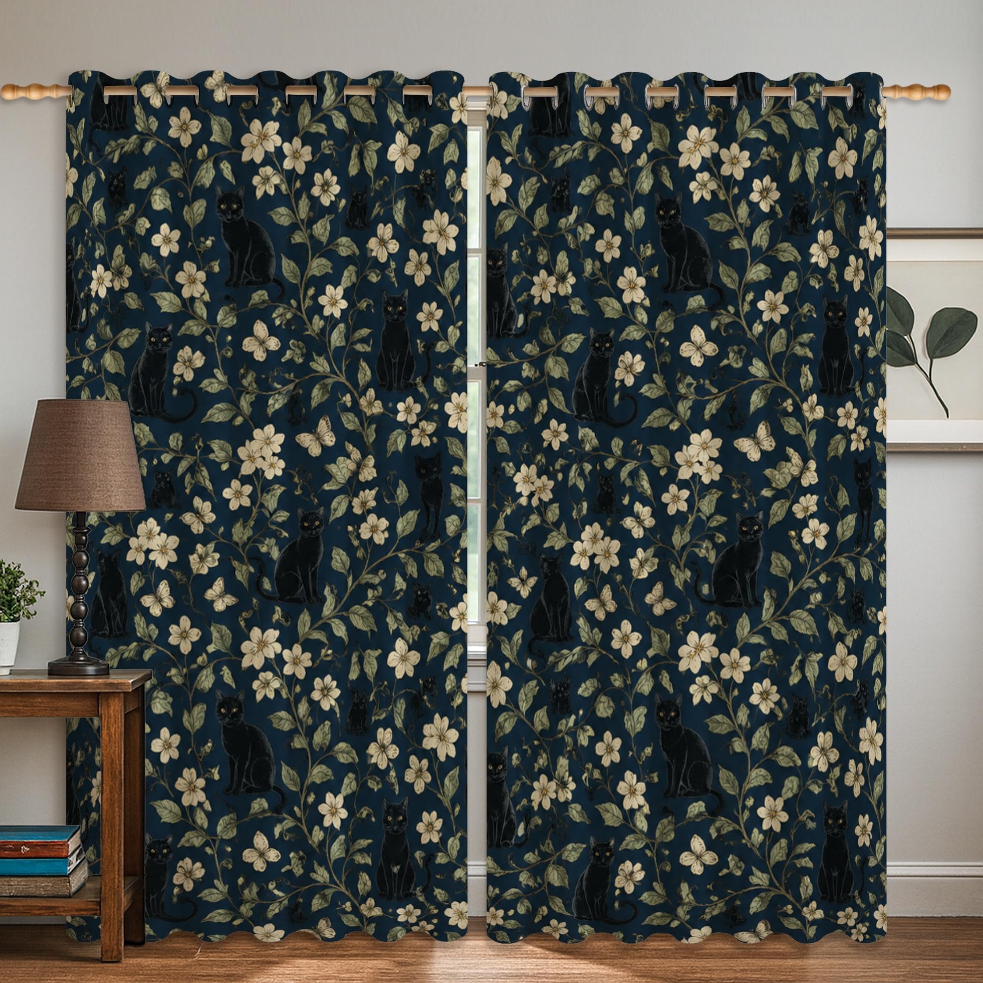 Rideaux occultants botaniques bleus pour salon | Paire de rideaux vintage motif chat et fleurs