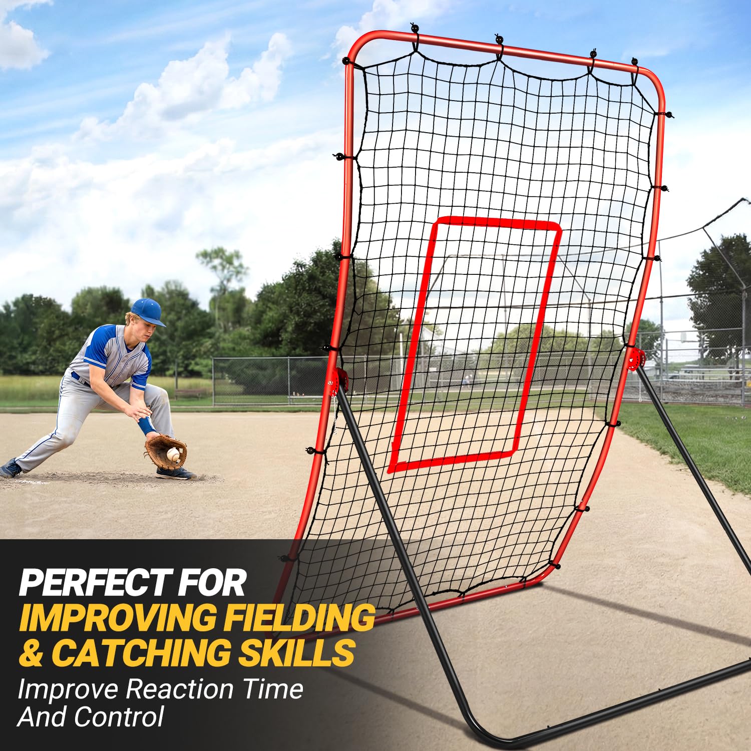 Baseball-Rebounder- und Pitchback-Netz, 5 Winkel verstellbar, simulierender Erdungs- und Fliegenball-Trainer für Spielfeld, Werfen, Fangen, Baseball- und Softball-Pitching und Feldrückprallnetz für