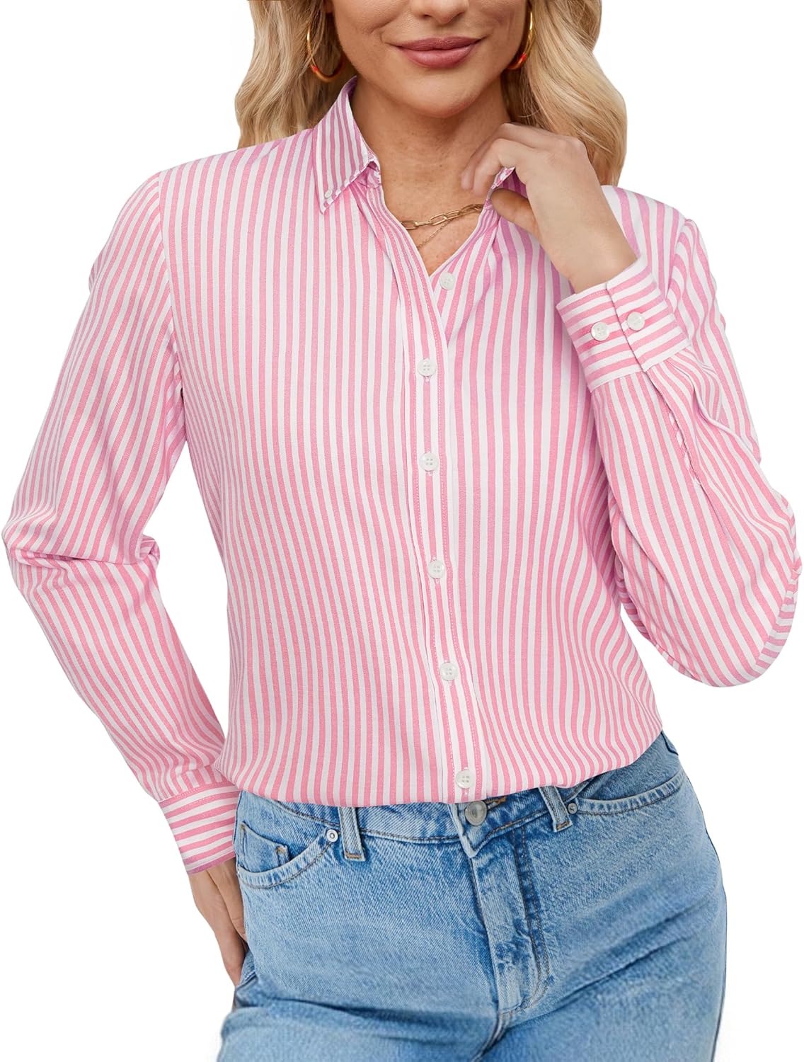 siliteelon Button Down Shirts for Women Striped Oxford Shirts Wrinkle Free Casual Dress Shirt Long Sleeve Work Blouses Tops