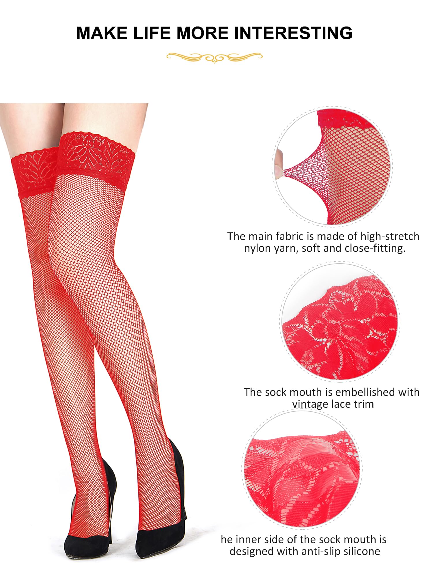 ohyeah Women Fishnet Thigh High Stockings Plus Size Floral Lace Silicone Lace Top Thigh Highs Socks: X-Small-Large Red