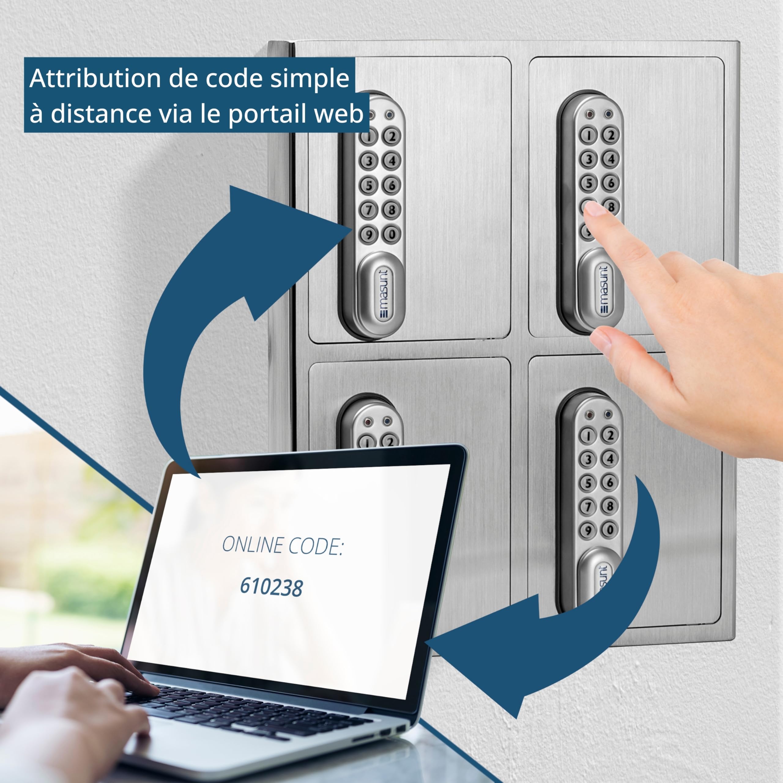 masunt coffre-fort à clés 1420 E Code | attribution innovante de code en ligne à distance | coffre-fort électronique en acier inoxydable V2A massif | 4 compartiments | anti-effraction