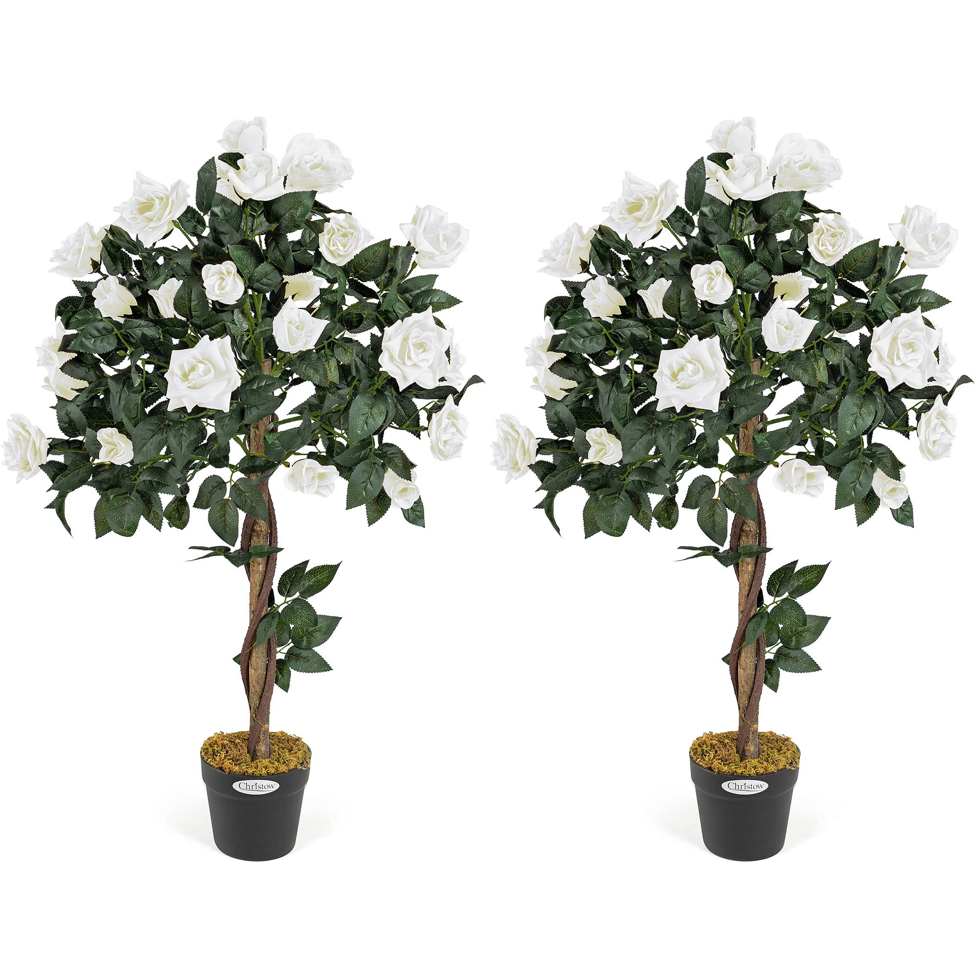 CHRISTOW 2 Artificial Rose Trees Cream Flowers Twisted Trunk Potted Indoor Outdoor 3ft (Pair)