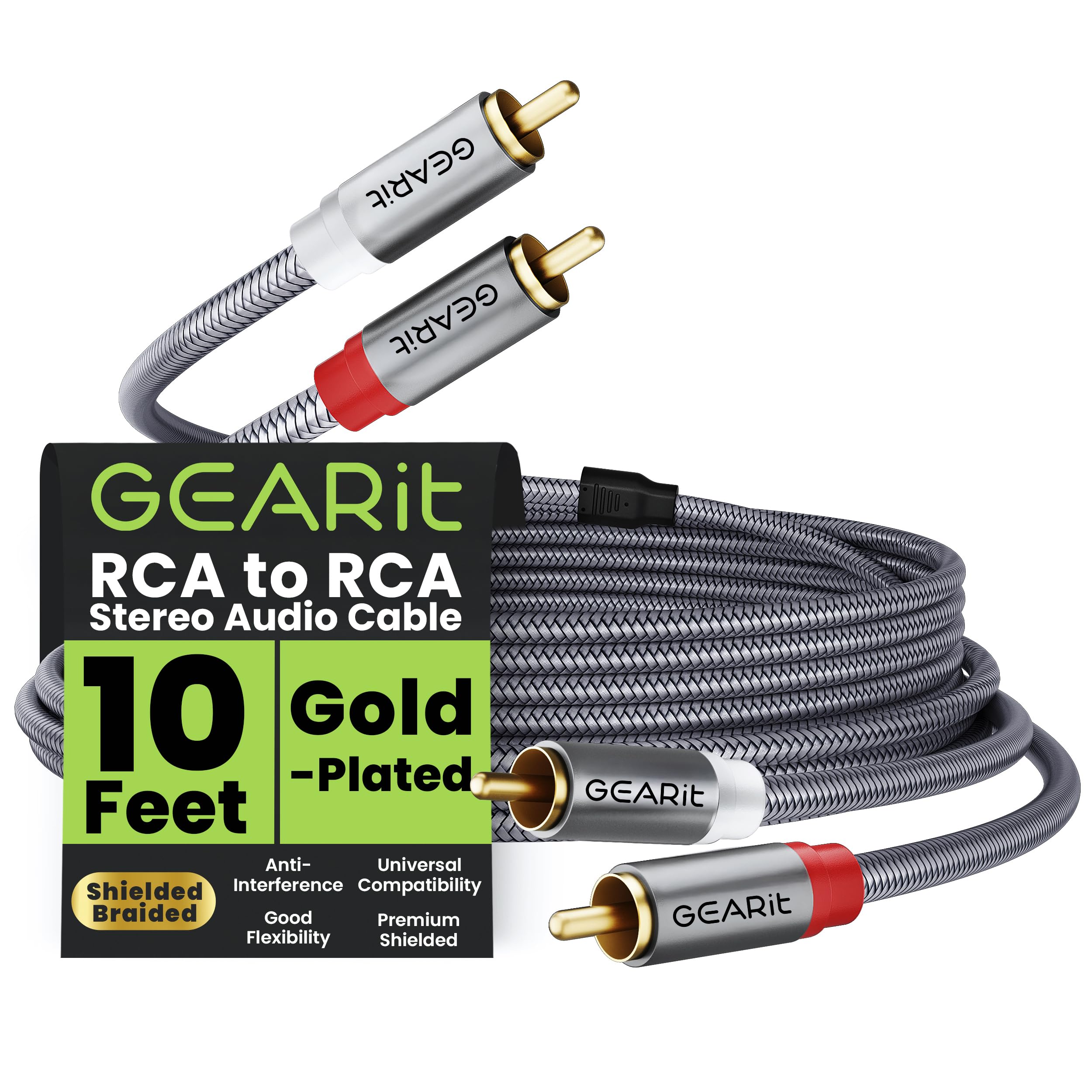 GEARit RCA Cable (10FT) 2RCA Male to 2RCA Male Stereo Audio Cables Shielded Braided RCA Stereo Cable for Home Theater, HDTV, Amplifiers, Hi-Fi Systems, Car Audio, Speakers, 10 Feet