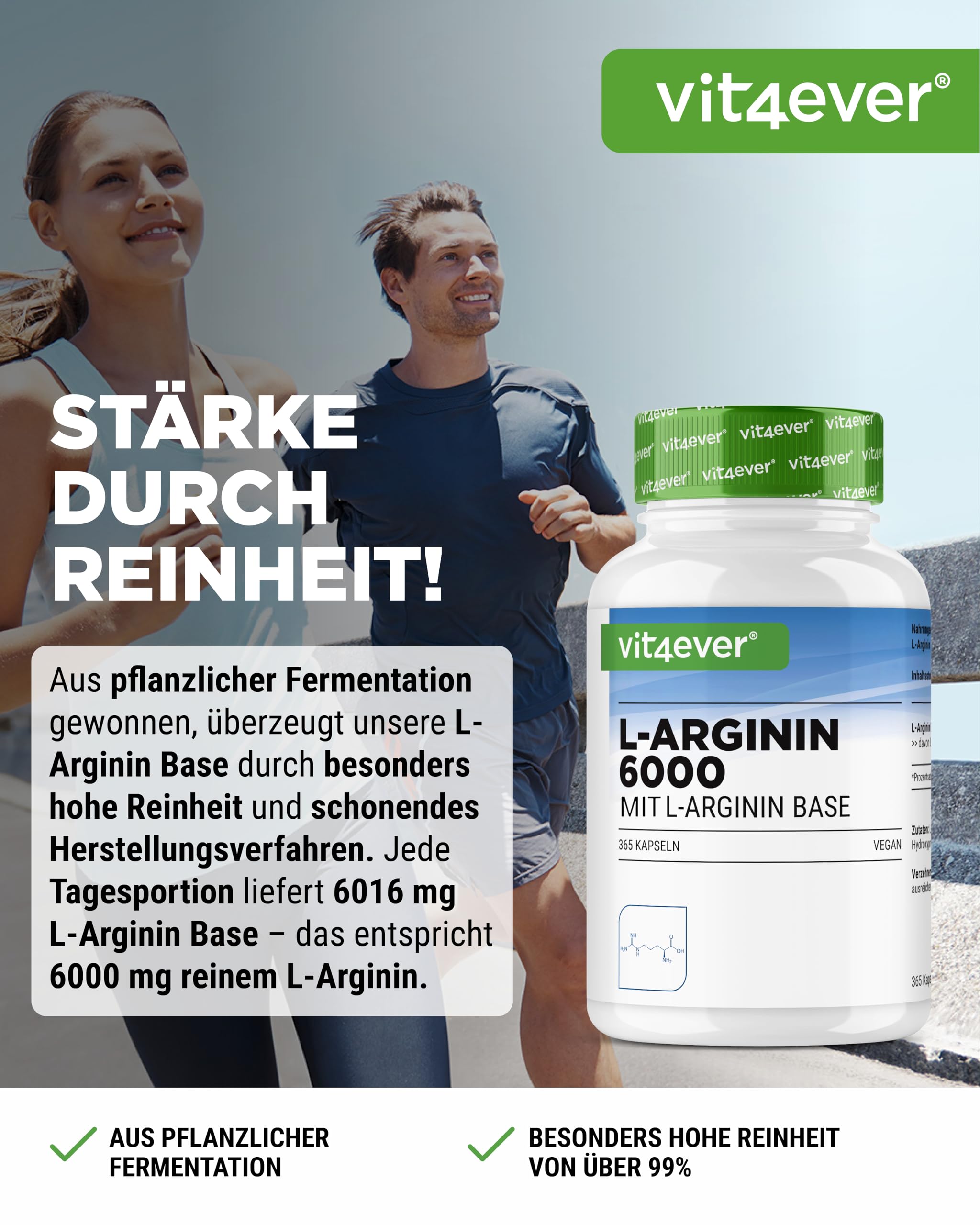 vit4ever L-Arginin - 365 Kapseln - 6000 mg reines L-Arginin pro Tagesdosis - Hergestellt durch pflanzliche Fermentation - Hochdosiert, ohne unnötige Zusätze, vegan