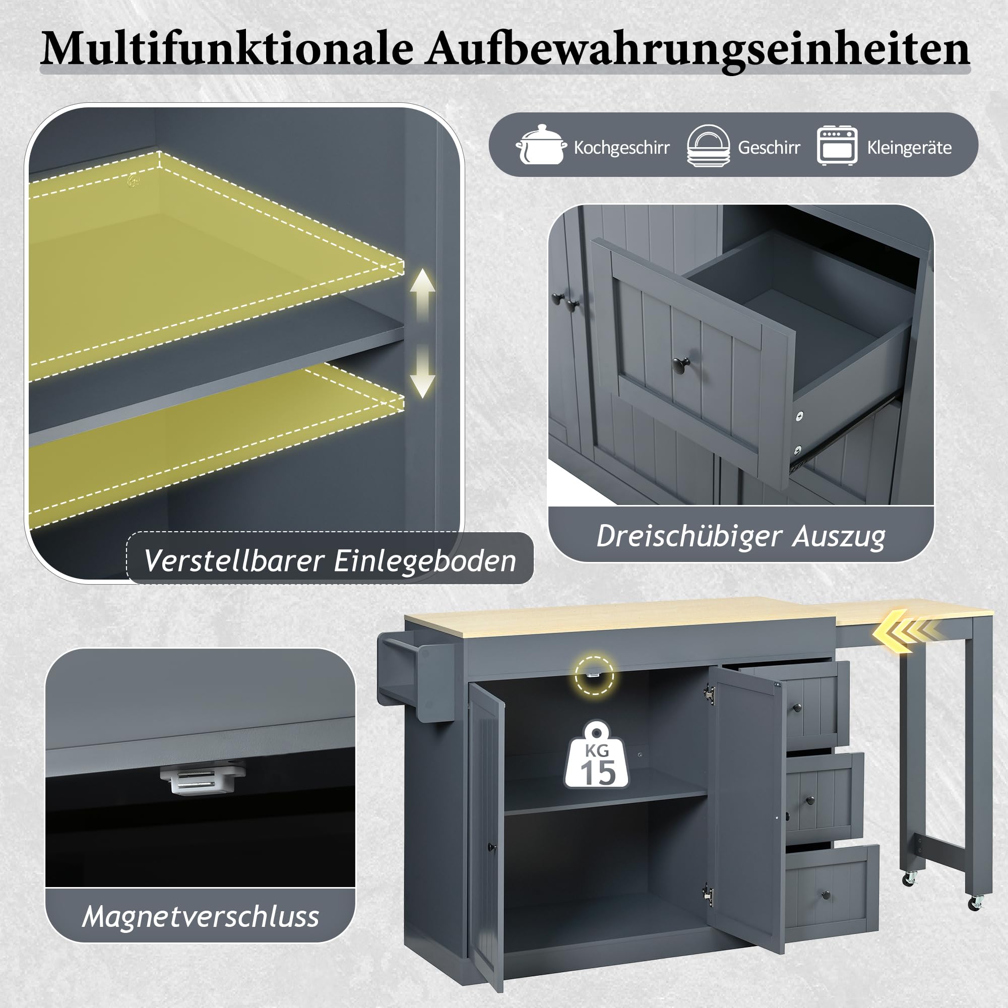 Kücheninsel Freistehend auf Rollen, Mobile Küchenwagen mit Ausziehbarer Essbereich, küchenschrank mit Gewürzregal und Schubladen für Küche und Esszimmer (Grau)