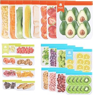 Reusable Food Storage Bags - 24 Pack Reusable Freezer Bags(8 Reusable Gallon Bags + 8 Reusable Sandwich Bags + 8 Reusable Snack Bags)，Reusable Ziploc Bags for Meat Fruits and Vegetables.
