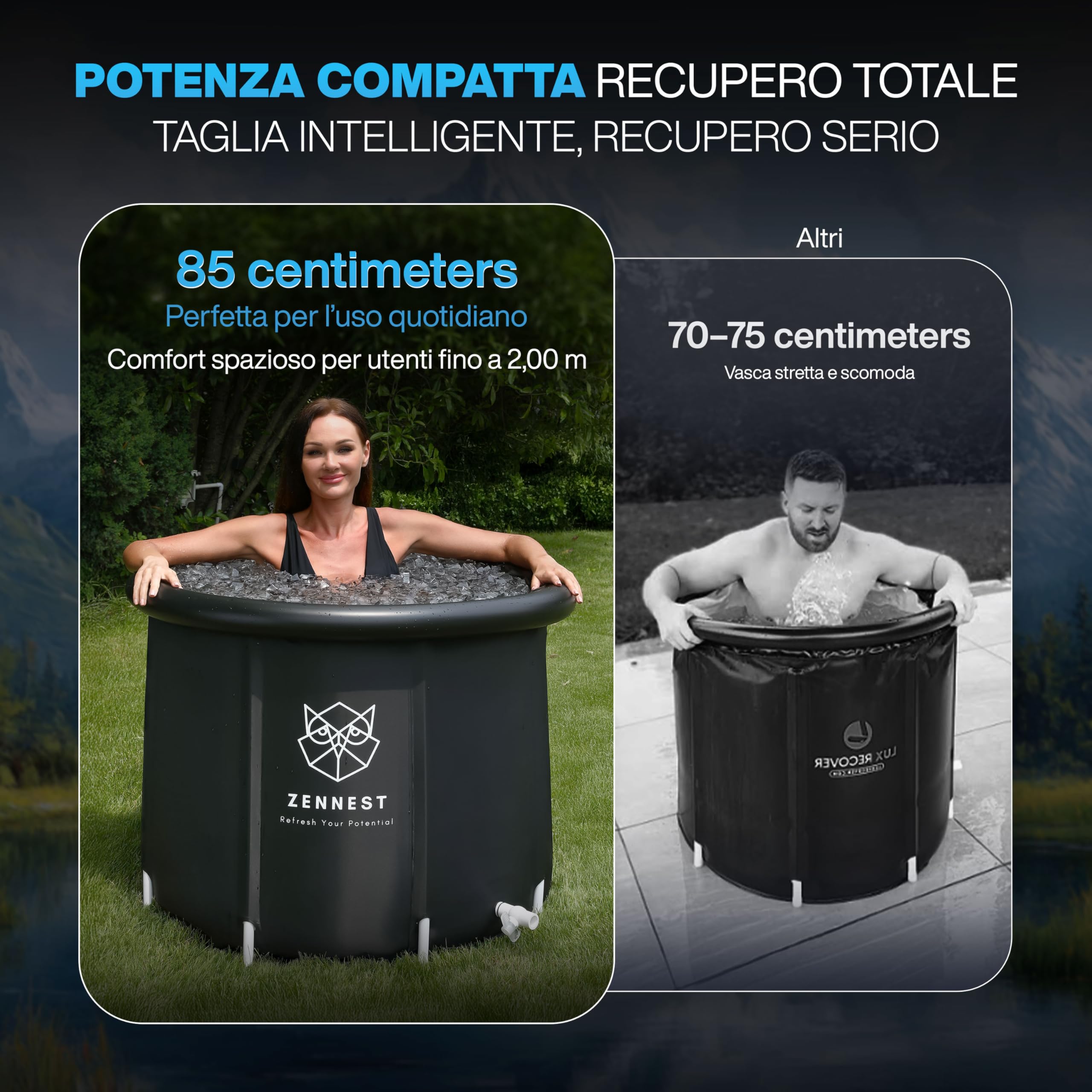Vasca Ghiaccio 90 cm – XL Ice Bath Esterno con Isolamento a 6 Strati, Vasca Gonfiabile per Doccia Adulti, Portatile Ice Tub per Crioterapia e Ingegneria Tedesca, eBook Incluso