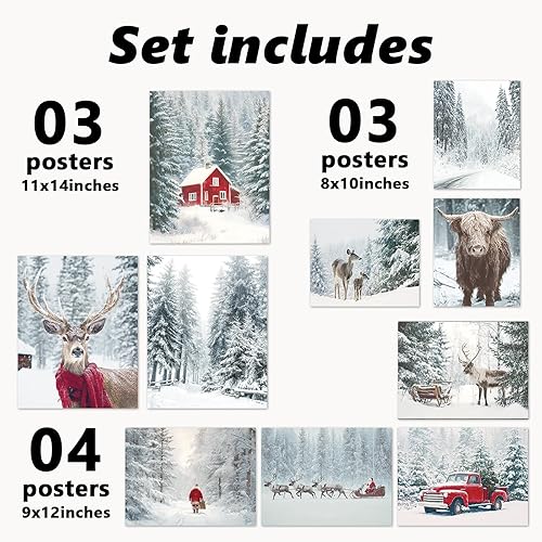 Miniatura 2 de Whaline 10 piezas de arte de pared de Navidad, impresiones retro de invierno nevado bosque, escenas sin marco, decoraciones para Navidad,