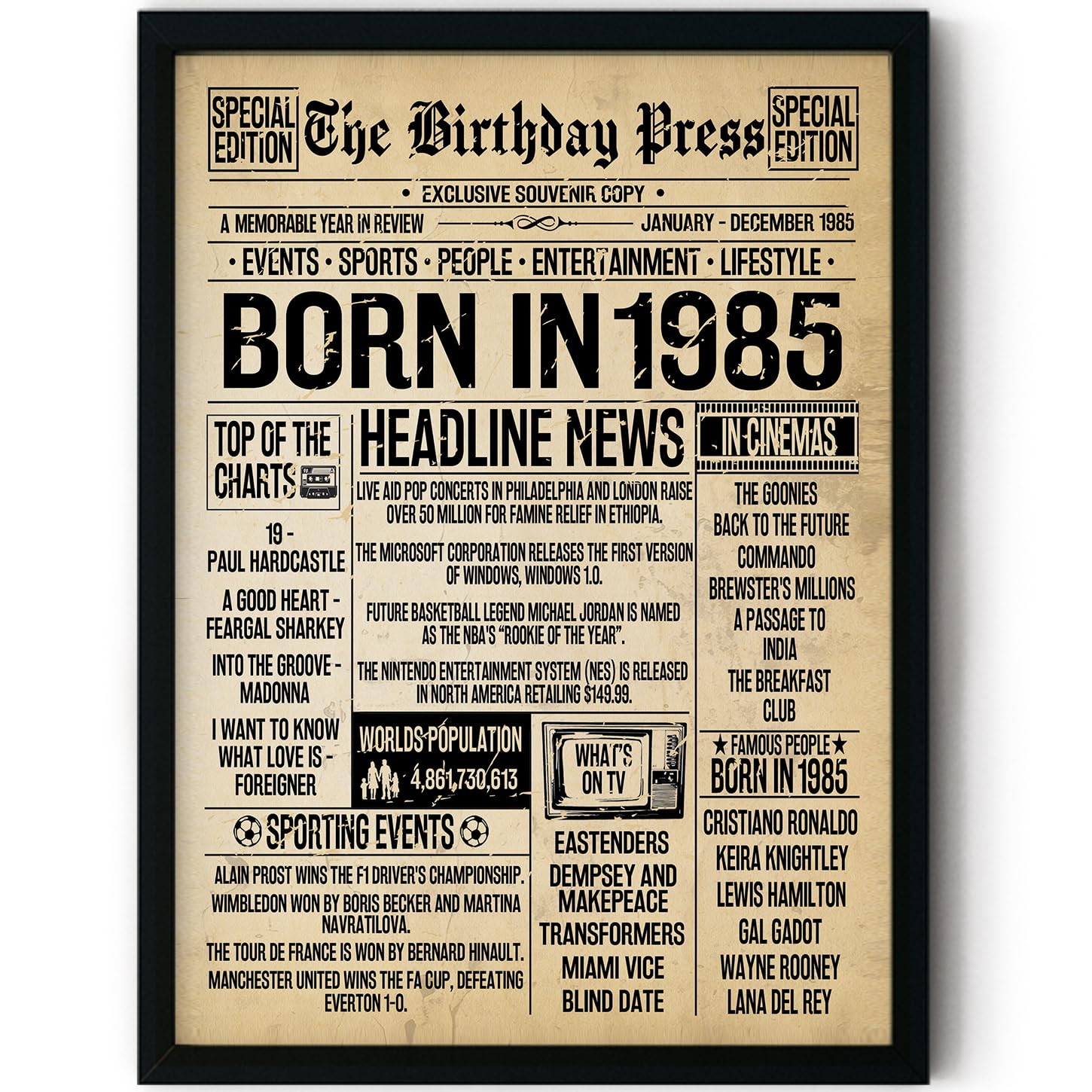 Stuff4 Women's 1985 41St Birthday Poster Framed - Born In Vintage Newspaper - Happy 41St Birthday Gifts For Men Retro Back In 8X10 Inch Decor Decoration Bday Party