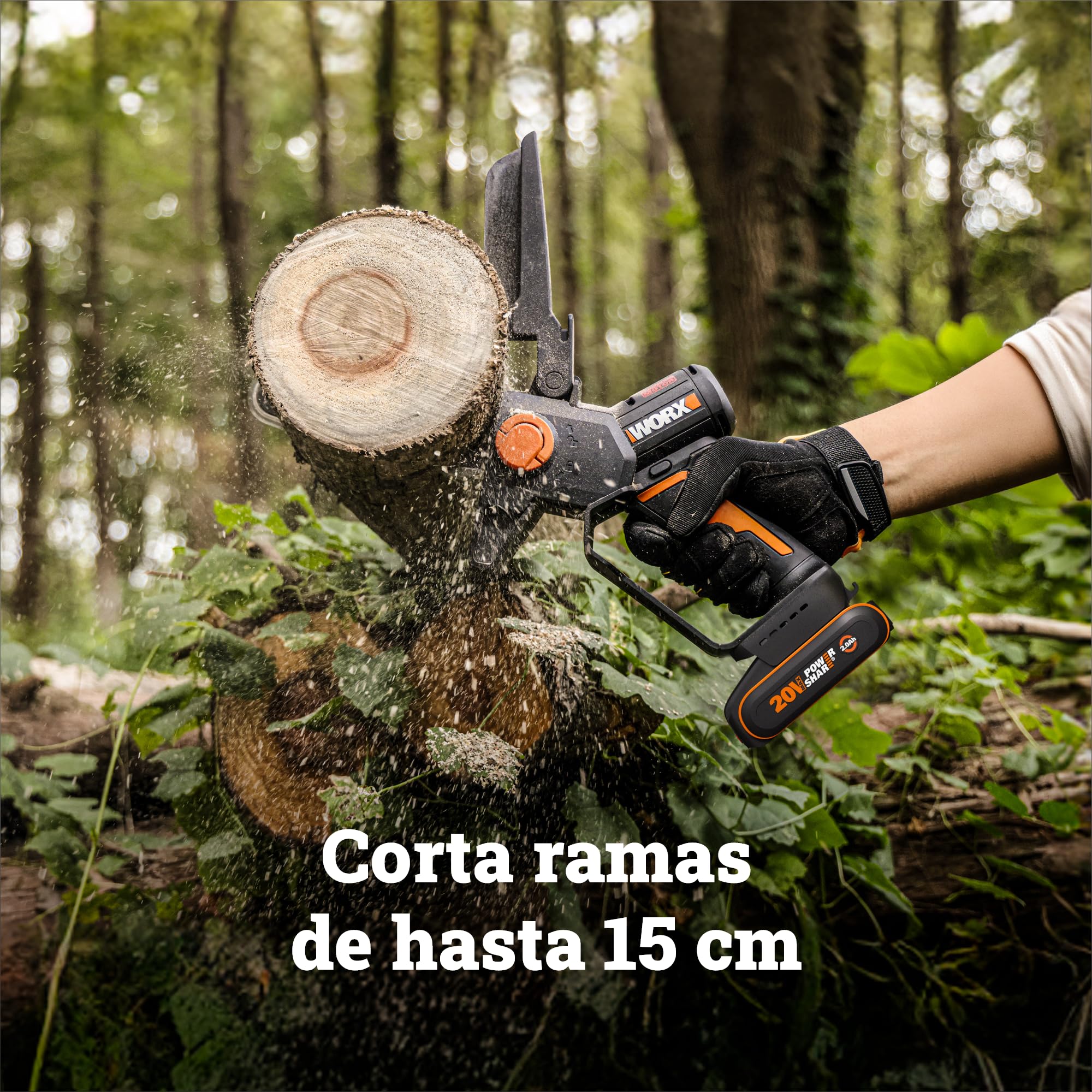 WORX WG327E Mini Motosierra 15cm 20V 2Ah Brushless, una Mano | Motor brushless NITRO, cambio cadena sin herramientas, doble seguridad, cargador 1h incluido, compatible 20V/40V