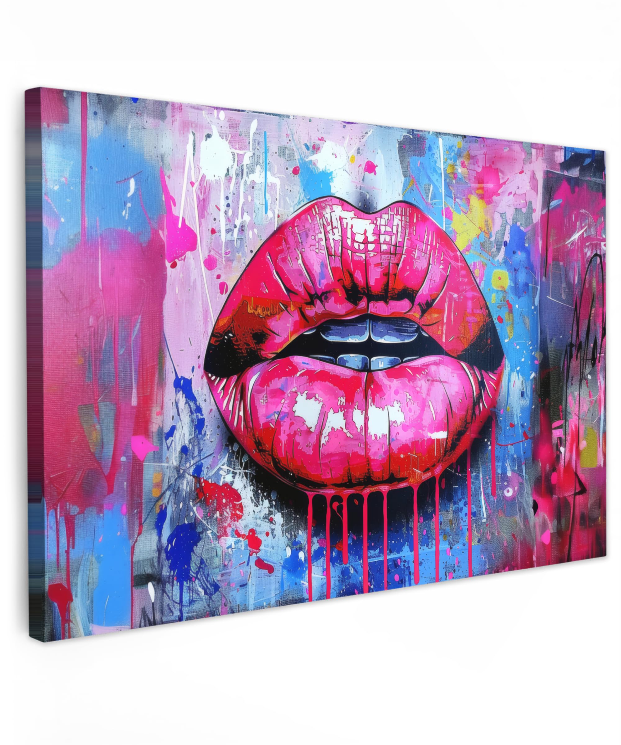 MuchoWow© Impression sur Toile Decoration Murale Peinture 120x80 cm Tableaux Art Décoratif Muraux Décoration Chambre Graffiti - Lèvres - Rose Vif - Peint