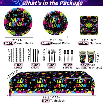 225 Pieces Glow Neon Party Supplies - Balloon, in the Dark Birthday Banner, Garlands, Cake Topper, Tablecloth, Plates, Napkins and Cup for Blacklight Decorations, Serves 20 Guest
