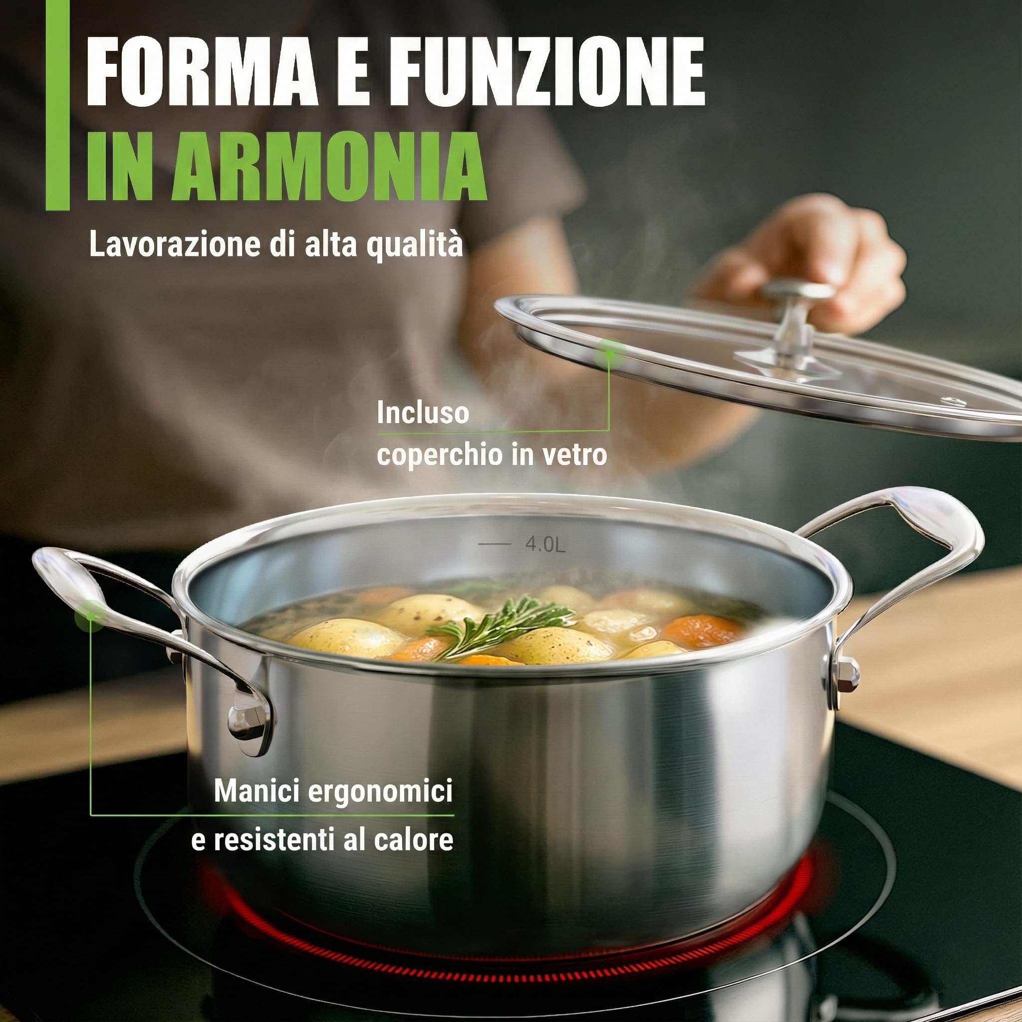 Pentola Ø 20 cm 3 l – 1,8 kg – altezza 10 cm – pentola in acciaio inox a induzione – moderno coperchio piatto in vetro – 5 strati – piccola pentola a risparmio energetico