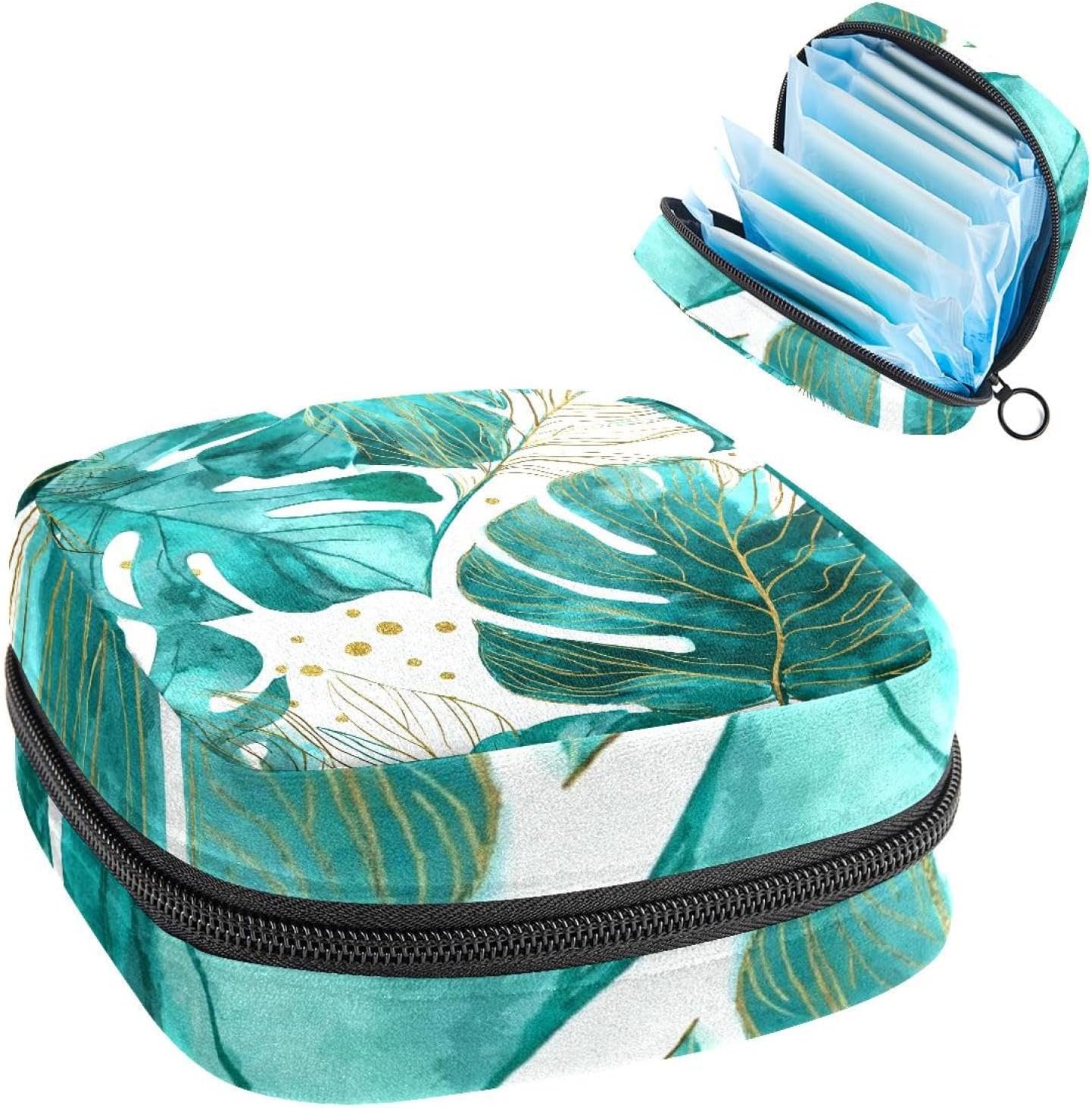 Turquoise Watercolor Palm Monstera Leaves Gold Lines Sanitary Napkin Storage Bag, Menstrual Cup Pouch Feminine Menstruation Period Pads Bag Tampons Holder for Girls Women Ladies